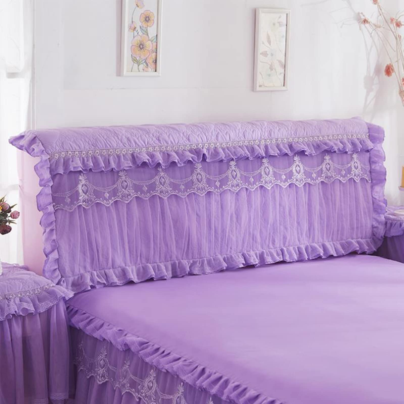 Full Size Lace Headboard Slipcover - Stretchable Washable Headboard Protector (220cm/87inch, Purple) | Elegant Bedroom Decor for Princess Style Beds | Perfect for Guest Rooms, Master Bedrooms & Dorm Decor