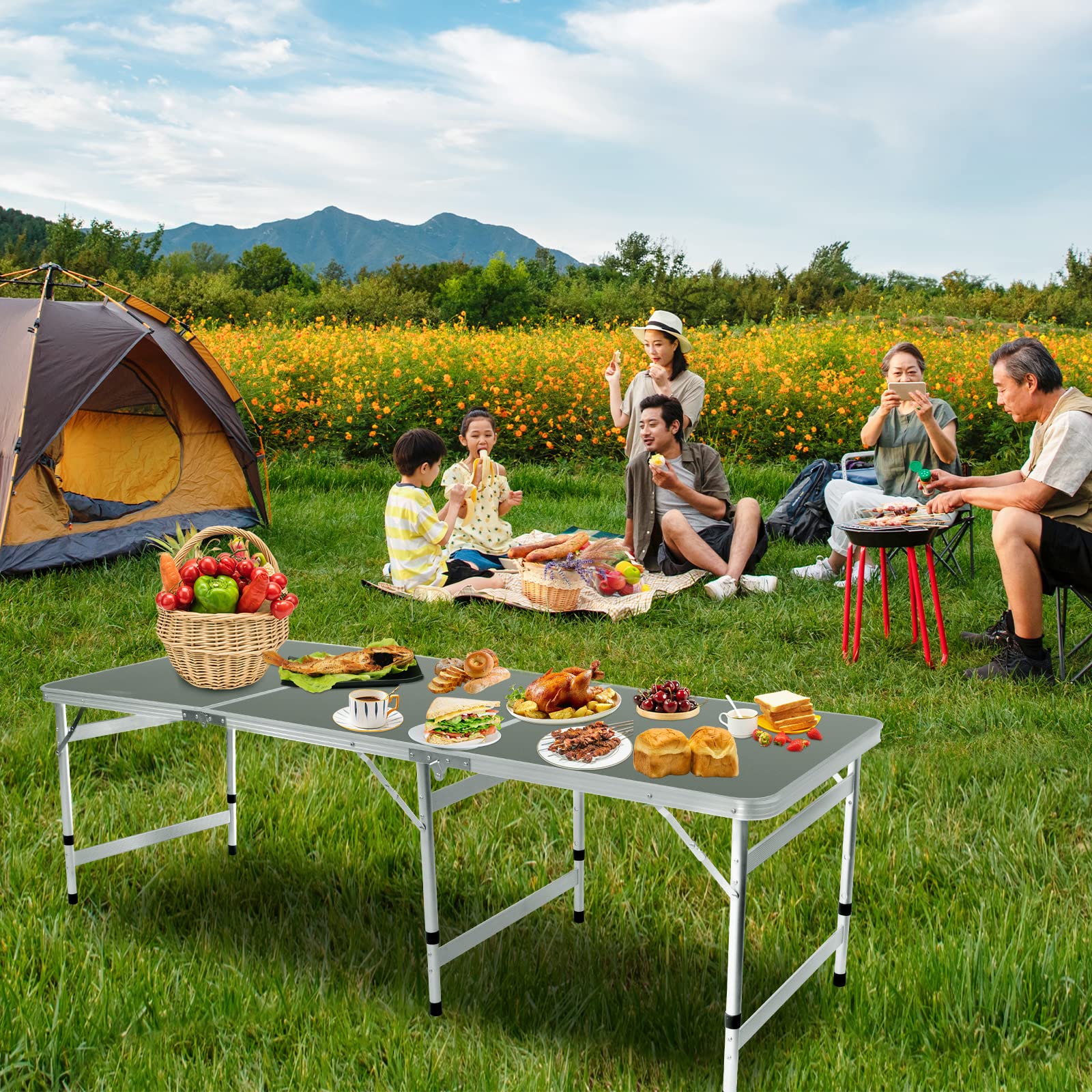 6FT Folding Camping Table - Adjustable Height (27/24/21 inch) Portable Aluminum Picnic Table for Outdoor, BBQ, Tailgating & Beach (Black, 71 x 23.6 inches) - Perfect for Camping, Backyard Parties & Picnics