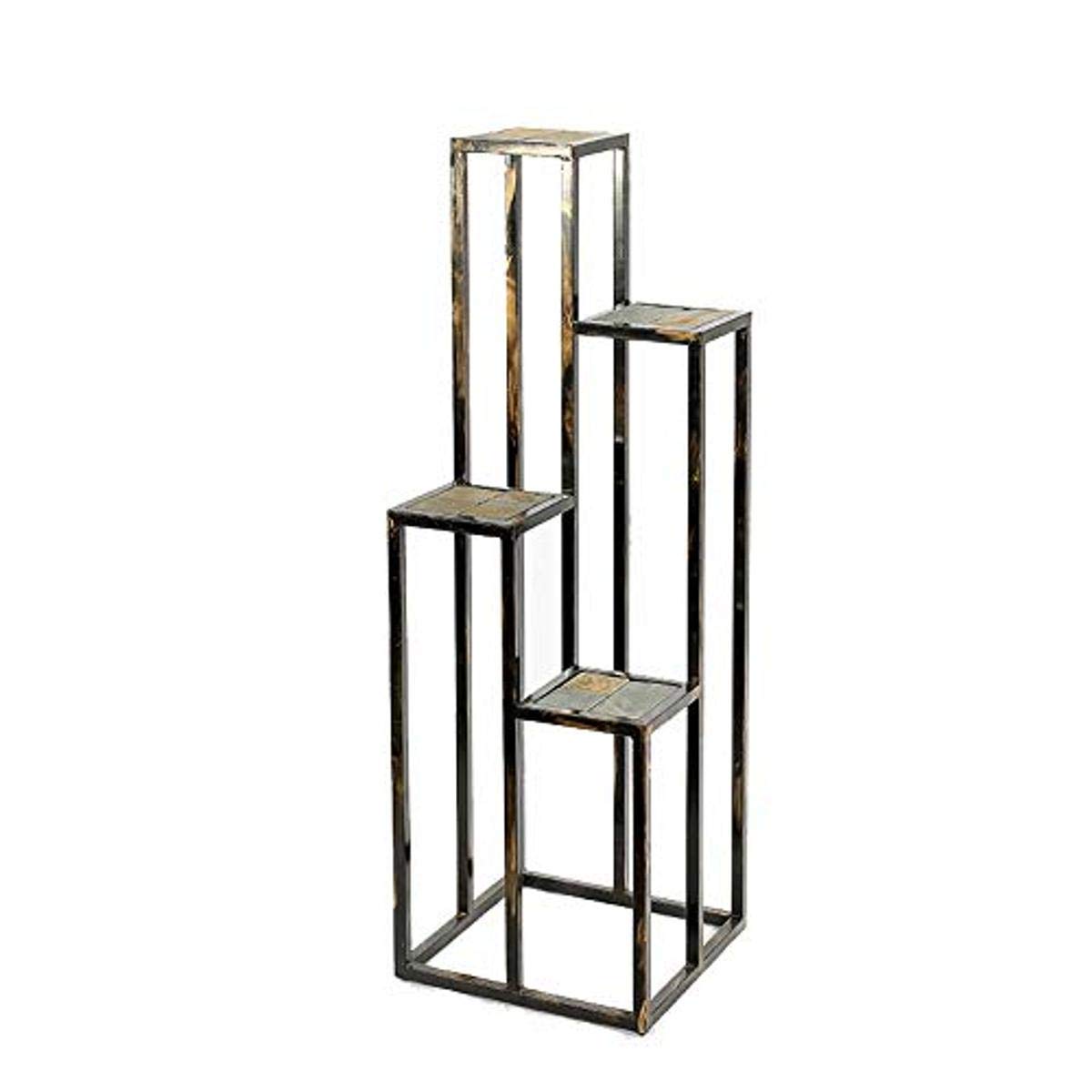 Benjara BM216737 4-Tier Cast Iron Plant Stand with Stone Topping - Black & Gold Decorative Shelf for Indoor/Outdoor Plants, Flowers, and Home Decor