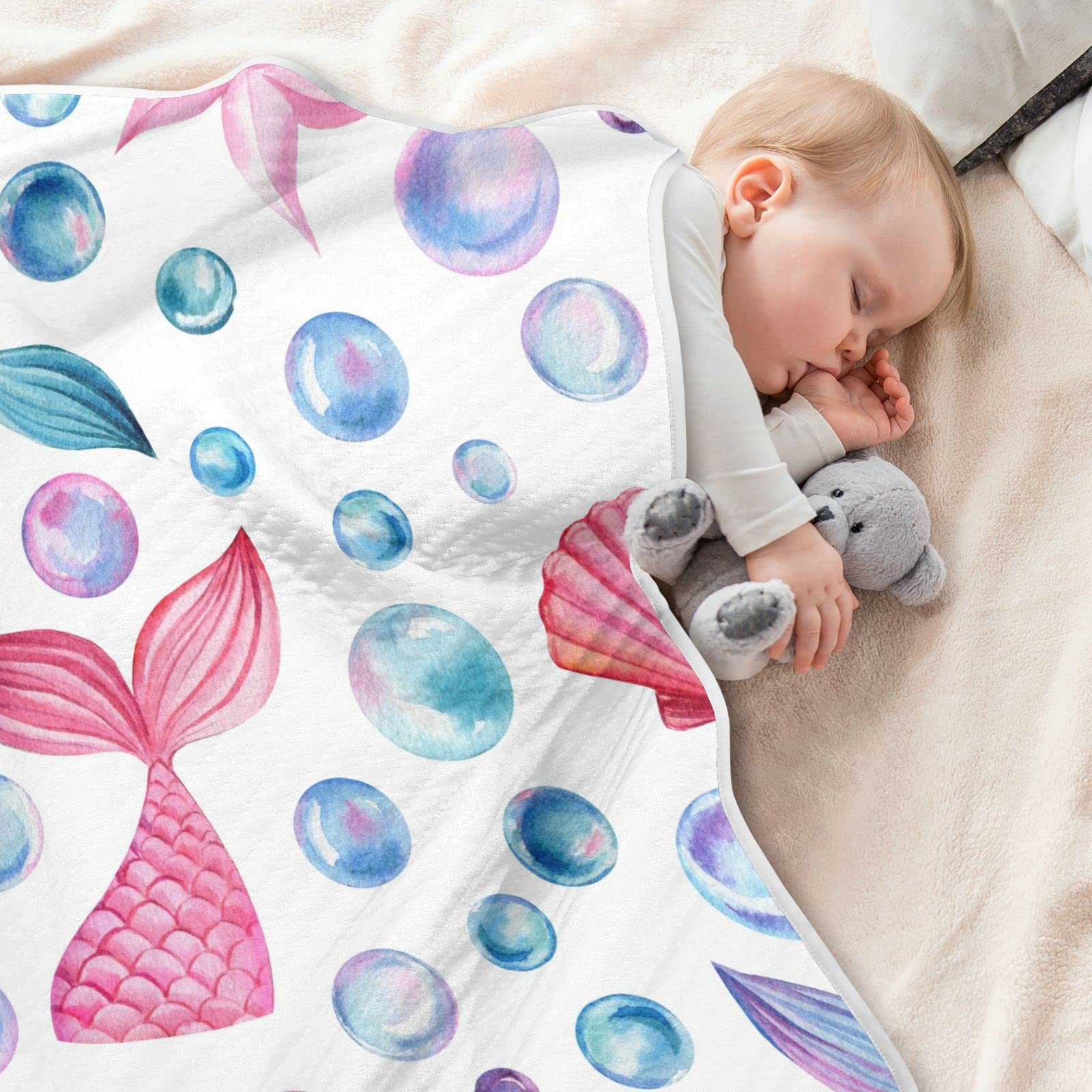 **JIPONI Super Soft & Warm Baby Blanket - 30x40 Inch Mermaid Tail Design with Bubbles, Seashells & Starfish - Personalized Baby Gift for Boys & Girls | Perfect for Nursery, Swaddling & Photo Shoots**