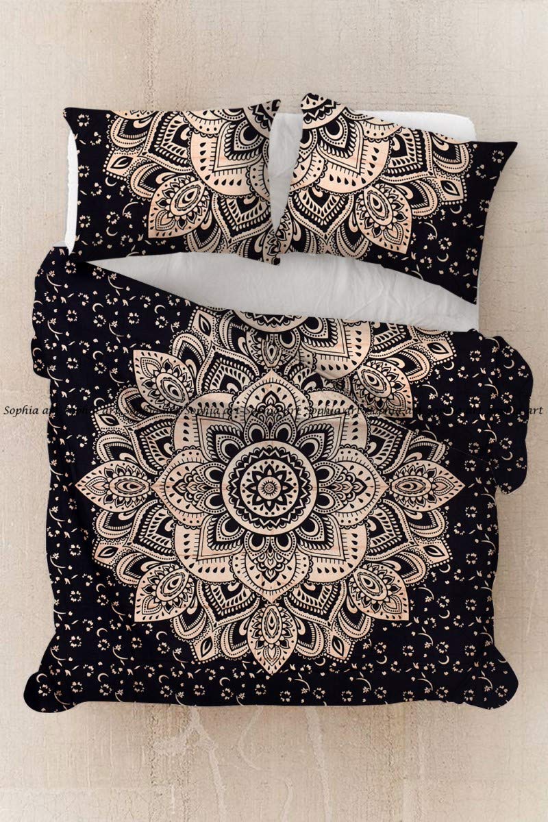 Sophia-Art Indian Handmade Bohemian Cotton Duvet Cover Set with Mandala Ombre Print - Twin Size 52x74 Inches (Black Gold Flower) - Includes Comforter Cover & 2 Pillow Shams - Perfect for Boho Chic Bedroom Decor & Hippie Style Home Furnishing