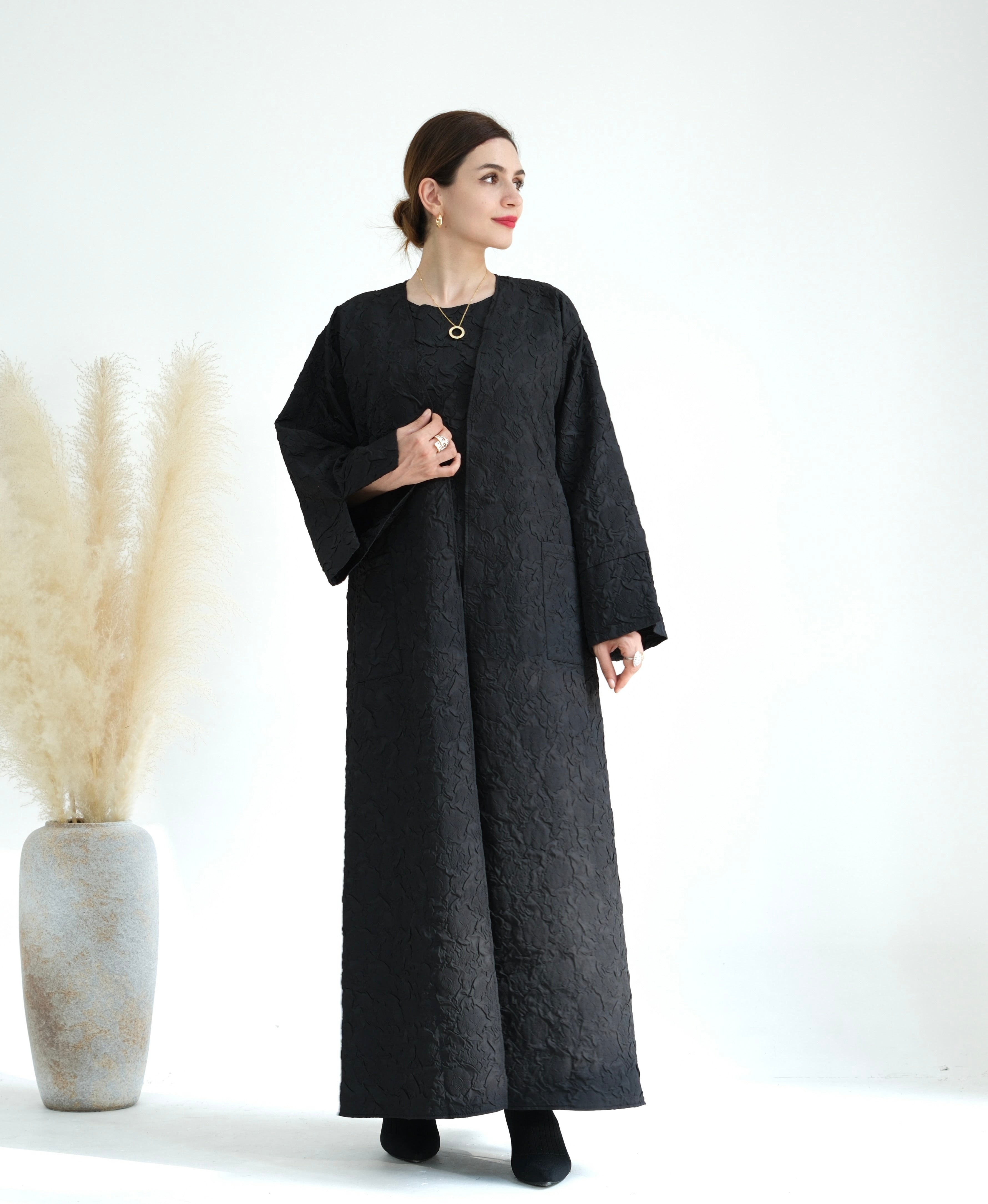 Elegant Black Eva Textured Abaya Set - Modest Islamic Dress for Women | Perfect for Prayer, Eid, and Special Occasions