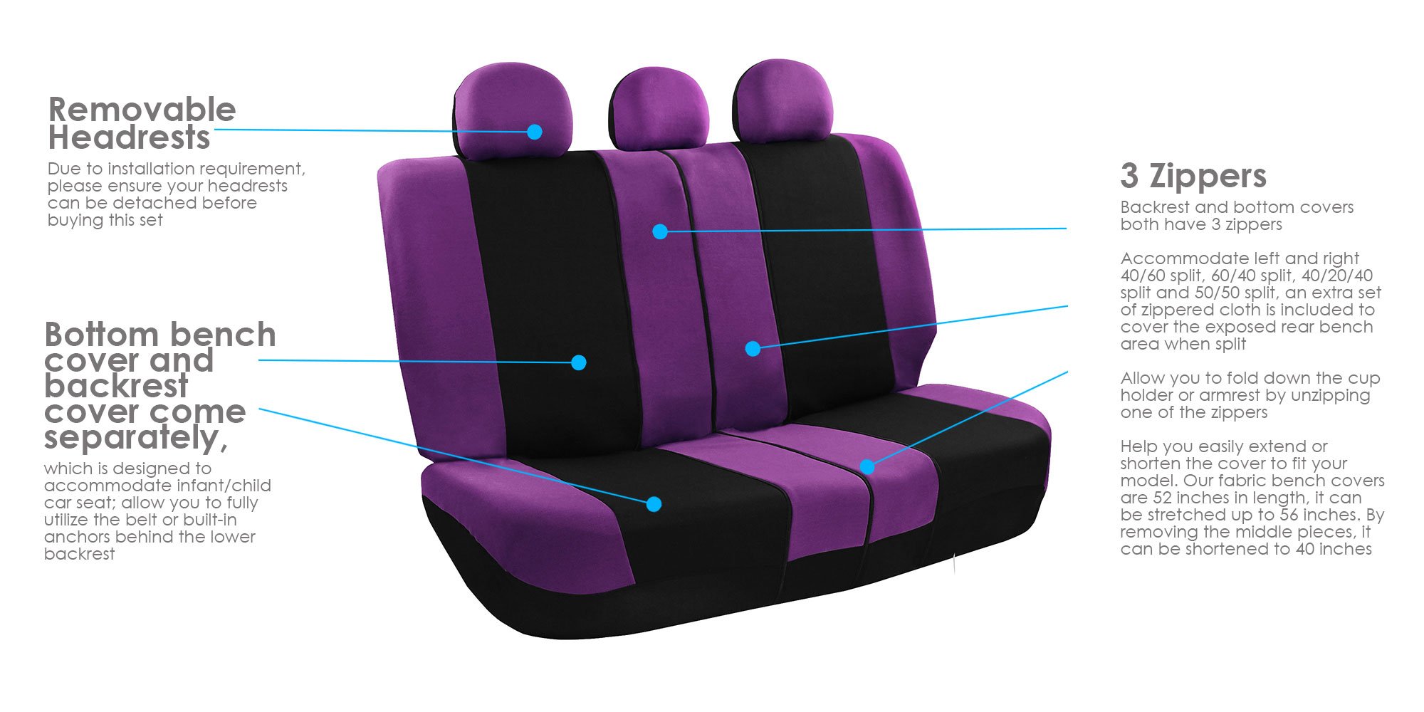 FH Group Light & Breezy Cloth Car Seat Covers - 7 Seater 3-Row Universal Fit for Cars, Trucks & SUVs | Airbag & Split Bench Compatible | Purple & Black | Perfect for Road Trips & Family Protection