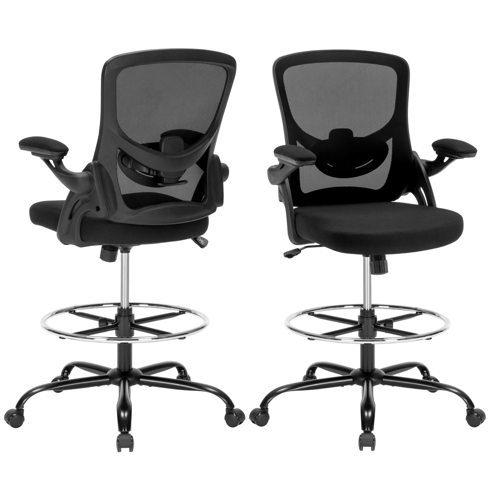 Ergonomic Drafting Chair with Flip-Up Armrests & Adjustable Lumbar Support - Tall Office Chair for Standing Desks, Counter Height with Footrest - Black - Perfect for Architects, Artists & Home Office Workspaces