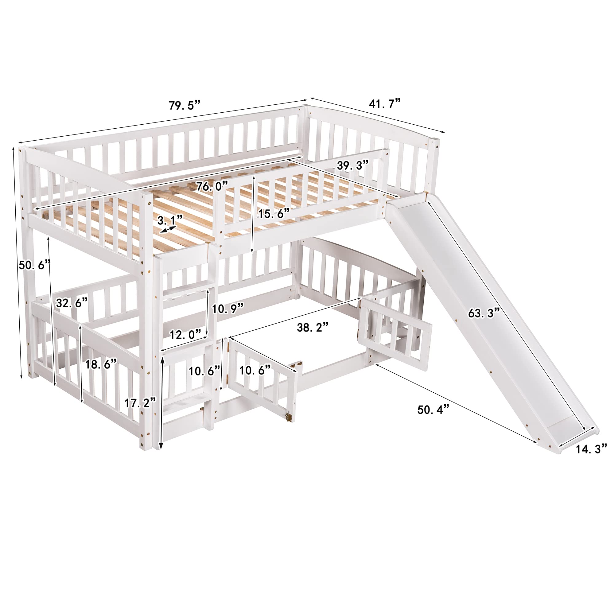 SOFTSEA Twin Over Twin Bunk Bed with Convertible Slide & Ladder - Wooden Low-Profile Bunk Bed Frame with Safety Guardrails, Fence & Door for Kids - Perfect for Small Bedrooms, Kids' Rooms & Sleepovers (White)