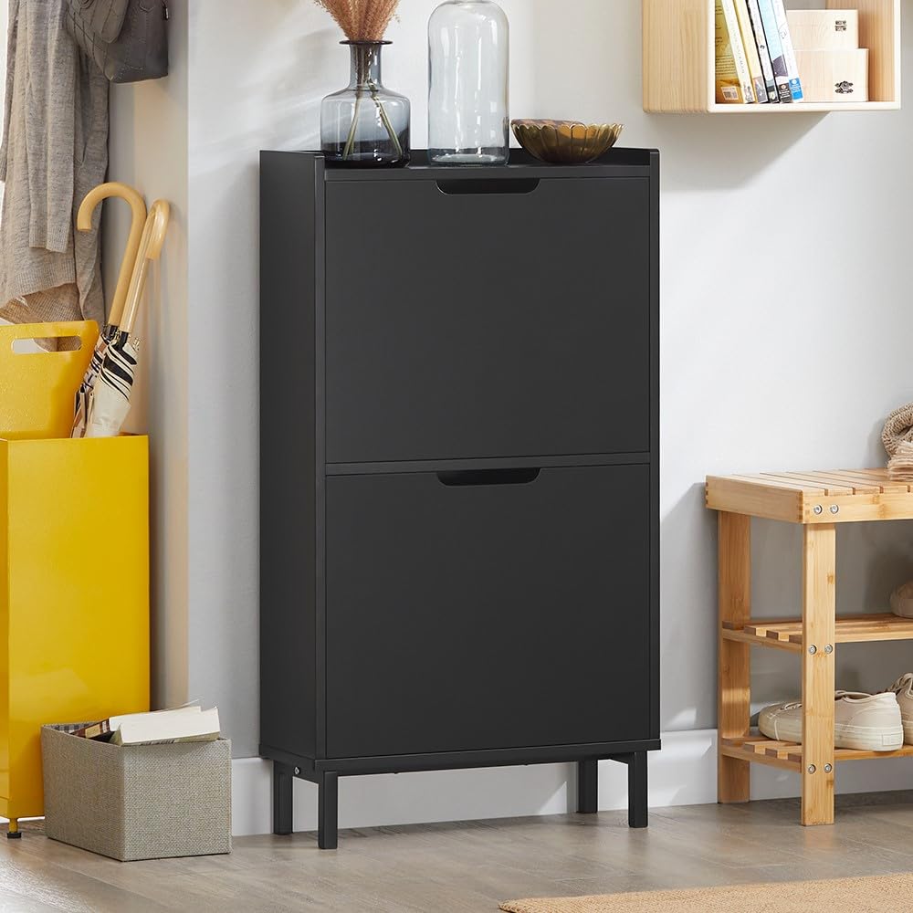 Haotian Black Shoe Cabinet with 2 Flip-Drawers - Narrow Freestanding Shoe Rack & Slim Shoe Organizer for Entryway, Hallway or Closet - Hidden Storage Cupboard (Model FSR151-SCH) - Perfect for Small Spaces & Apartment Living