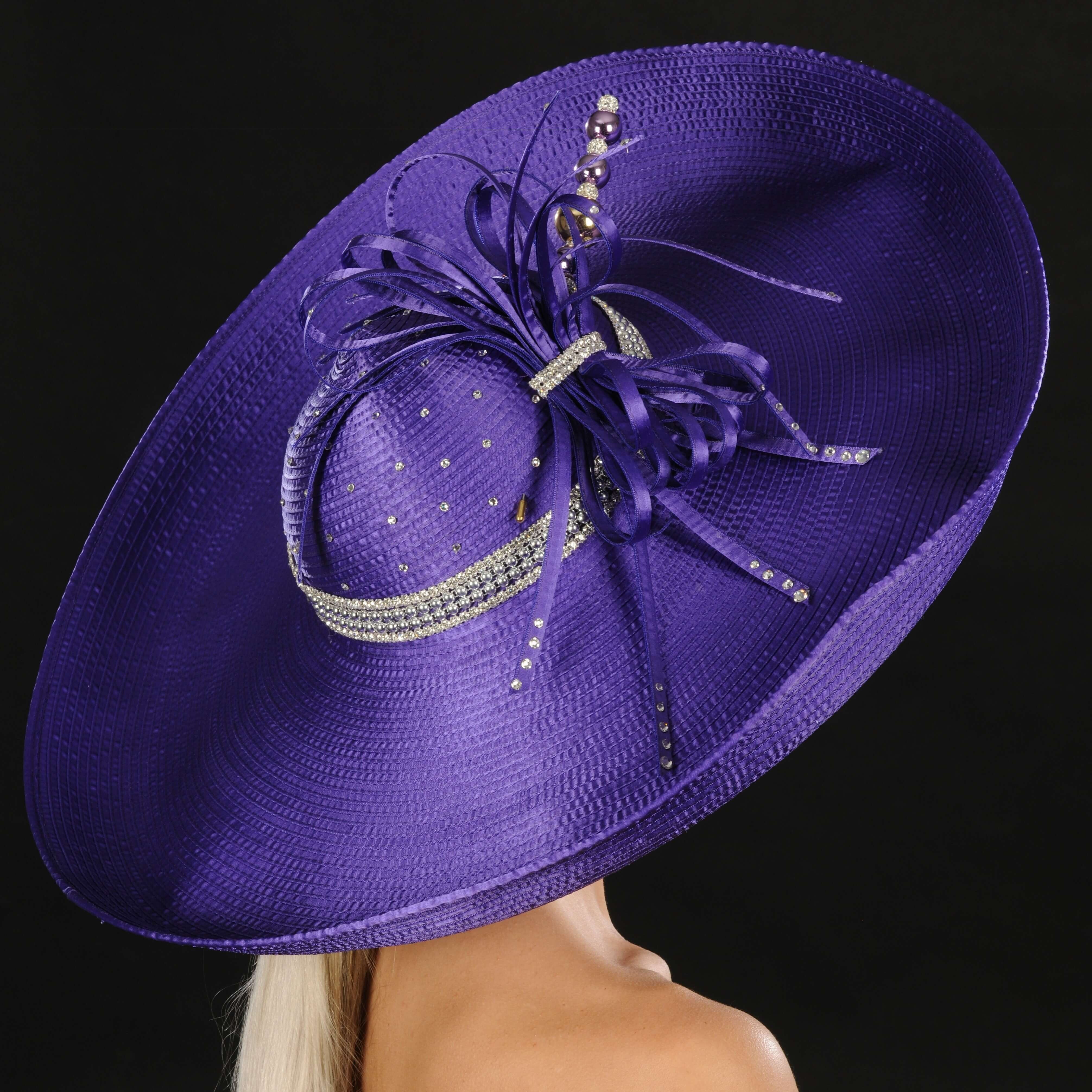OE8014 Women's Purple Satin Wide Brim Sun Hat - Elegant Church, Wedding & Garden Party Accessory for Ladies