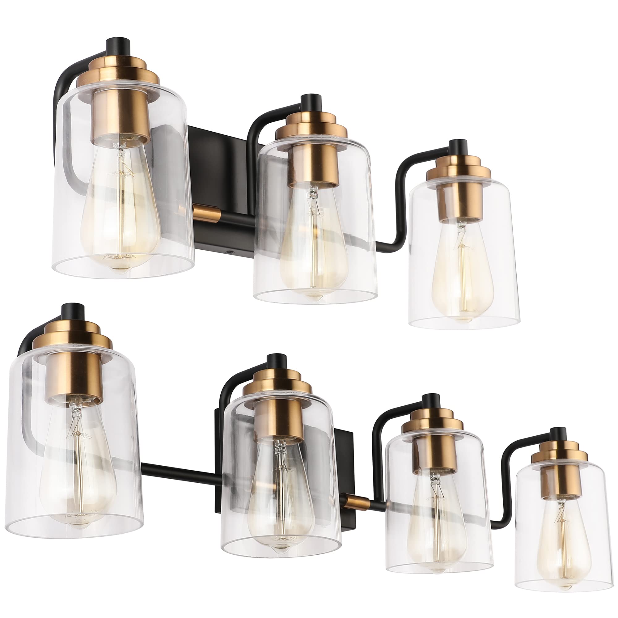 Vintage Bathroom Vanity Light Fixture Set - Black & Brass 7600-3 + 7600-4 Lights (Bulbs Not Included) | Perfect for Farmhouse, Industrial & Retro Style Bathroom Lighting