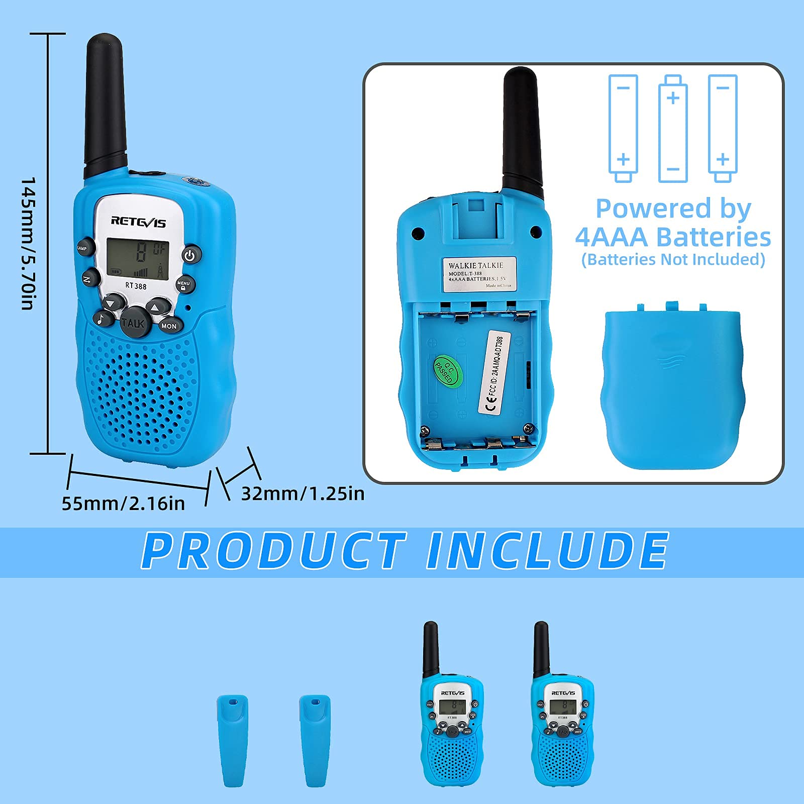 Retevis RT388 Kids Walkie Talkies - Long Range FRS Radios for Boys & Girls Ages 6-12 | Toy Gift for Birthday, Christmas & Outdoor Adventures (Blue 1 Pair) - Perfect for Camping, Hiking & Backyard Play