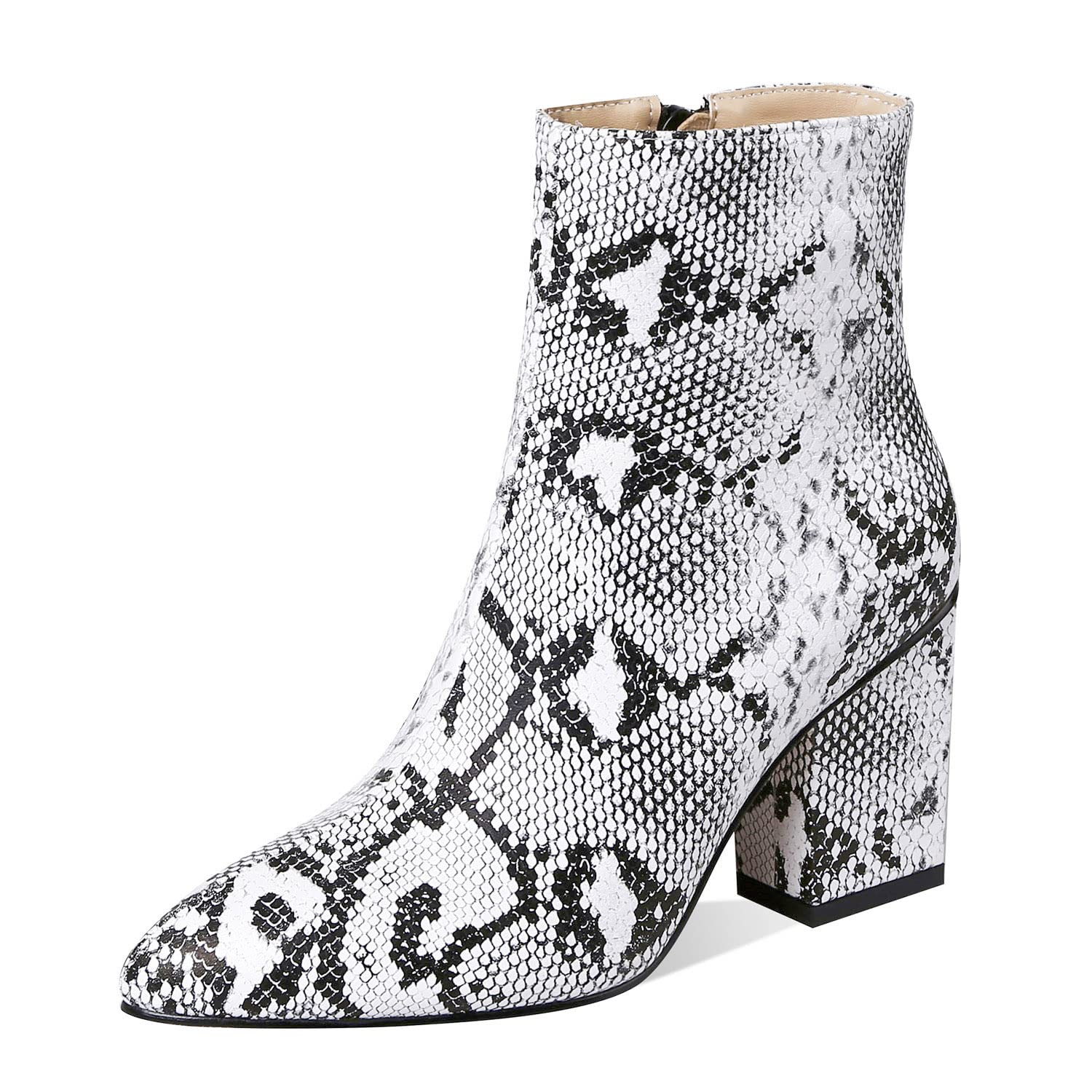 MOFEEDOUKA Women's Ankle Boots - Comfortable Snakeskin Heeled Booties with Zipper for Work, Party & Night Out | Stylish Fall & Winter Fashion Footwear