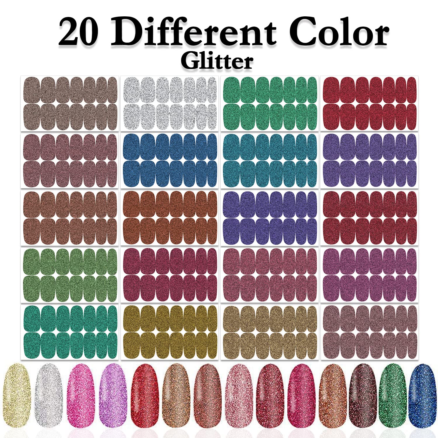 SILPECWEE 20 Sheets Glitter Nail Polish Strips - Self-Adhesive Nail Wraps with Nail File | DIY Nail Art Stickers for Women | Perfect for Parties, Weddings & Home Manicures