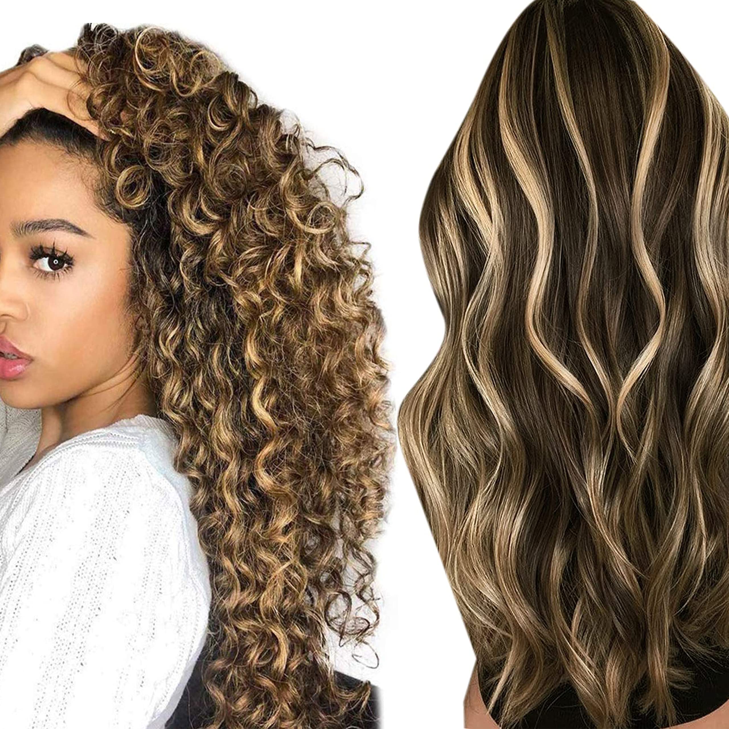 Hetto 14'' #4/27 Brown Highlights Blonde Human Hair Clip-In Extensions - Double Weft Thick Hairpieces for Curly & Straight Styles - Perfect for Parties, Weddings & Daily Styling