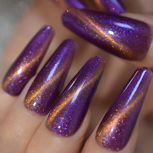 20-Piece Full Set Hand-Painted Fake Nails - Extra Long Coffin Cat Eye UV Gel Nails with Galaxy Shimmer Effect | Stiletto False Nails for Parties, Weddings, and Special Occasions