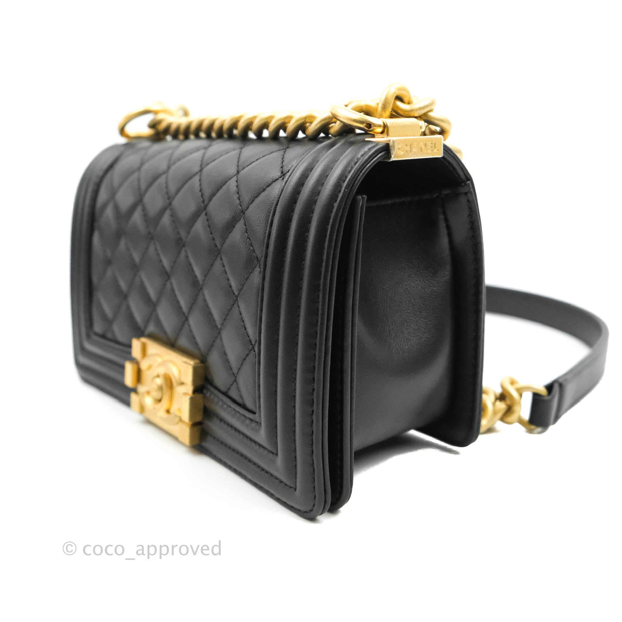 Chanel Boy Quilted Small Handbag Black Calfskin Leather with Aged Gold Hardware - Perfect for Evening Events, Parties & Luxury Fashion Accessories
