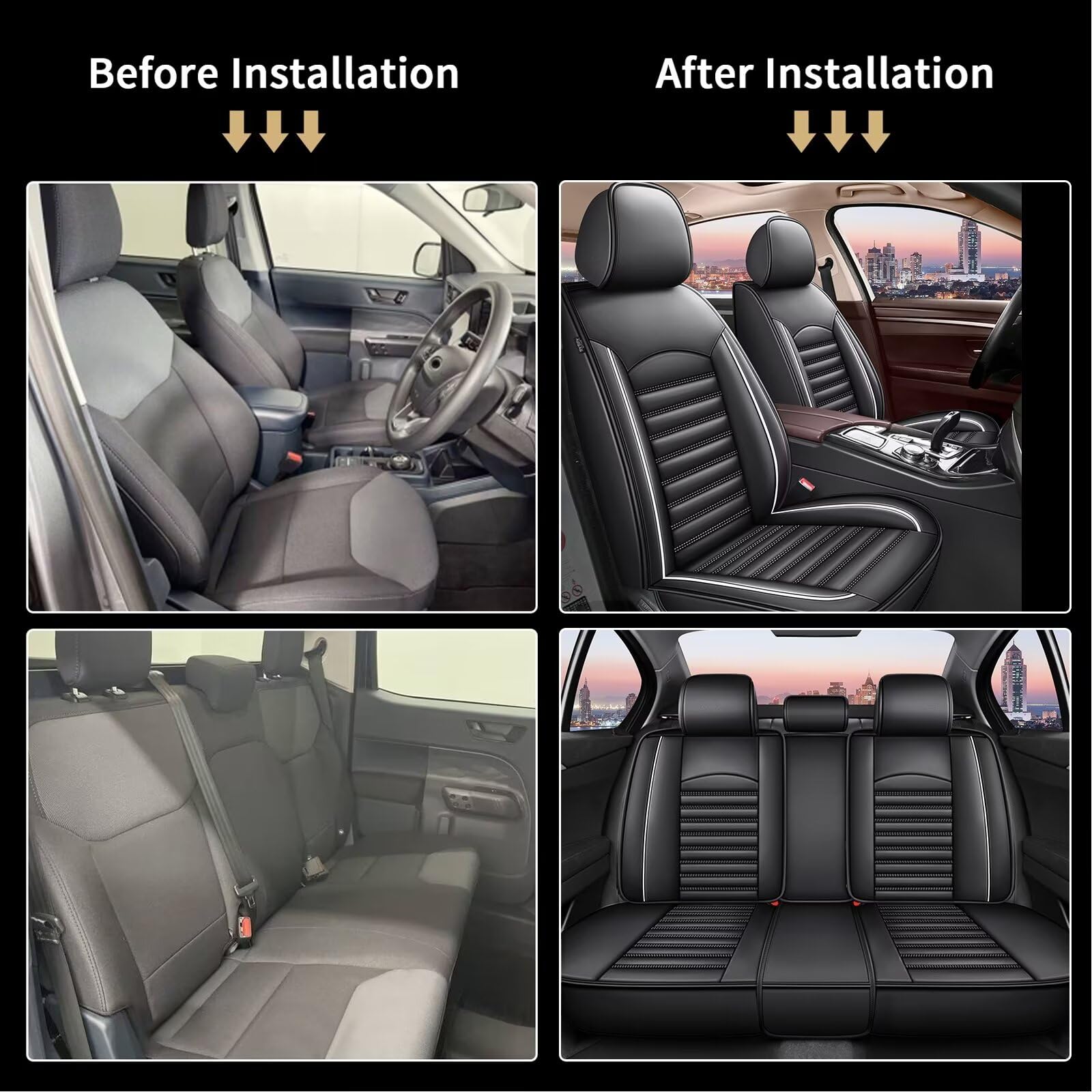 2014-2019 Toyota Corolla Car Seat Covers - Black Faux Leather Full Set (5 Seats) | Airbag Compatible & Waterproof Seat Protectors with White Stitching | Perfect for Daily Commuting, Road Trips & Family Protection