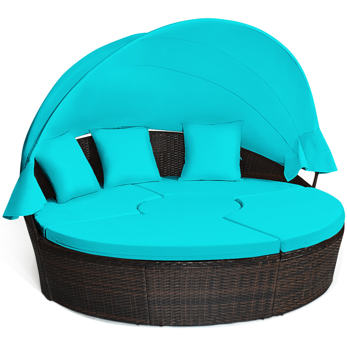 Costway Round Rattan Daybed with Retractable Canopy & Height Adjustable Coffee Table - Outdoor Patio Lounger for Poolside, Garden, and Backyard Relaxation