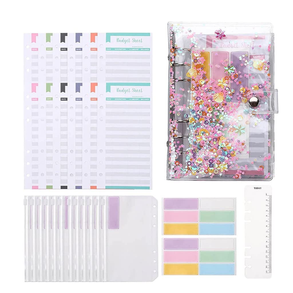 28 Pcs A6 Binder Budget Envelopes - PVC Shell Sequins Notebook Cover with Zipper Pockets & Budget Sheets (19x13cm) - Perfect for Organizing Bills, Receipts, and Planner Accessories - Color As Shown