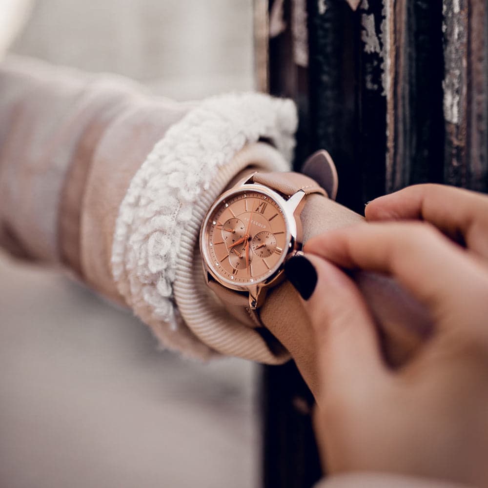 ARIES GOLD Urban Eternal Rose Gold Stainless Steel Women's Watch with Dusty Pink Leather Strap - Perfect for Everyday Wear, Office & Special Occasions