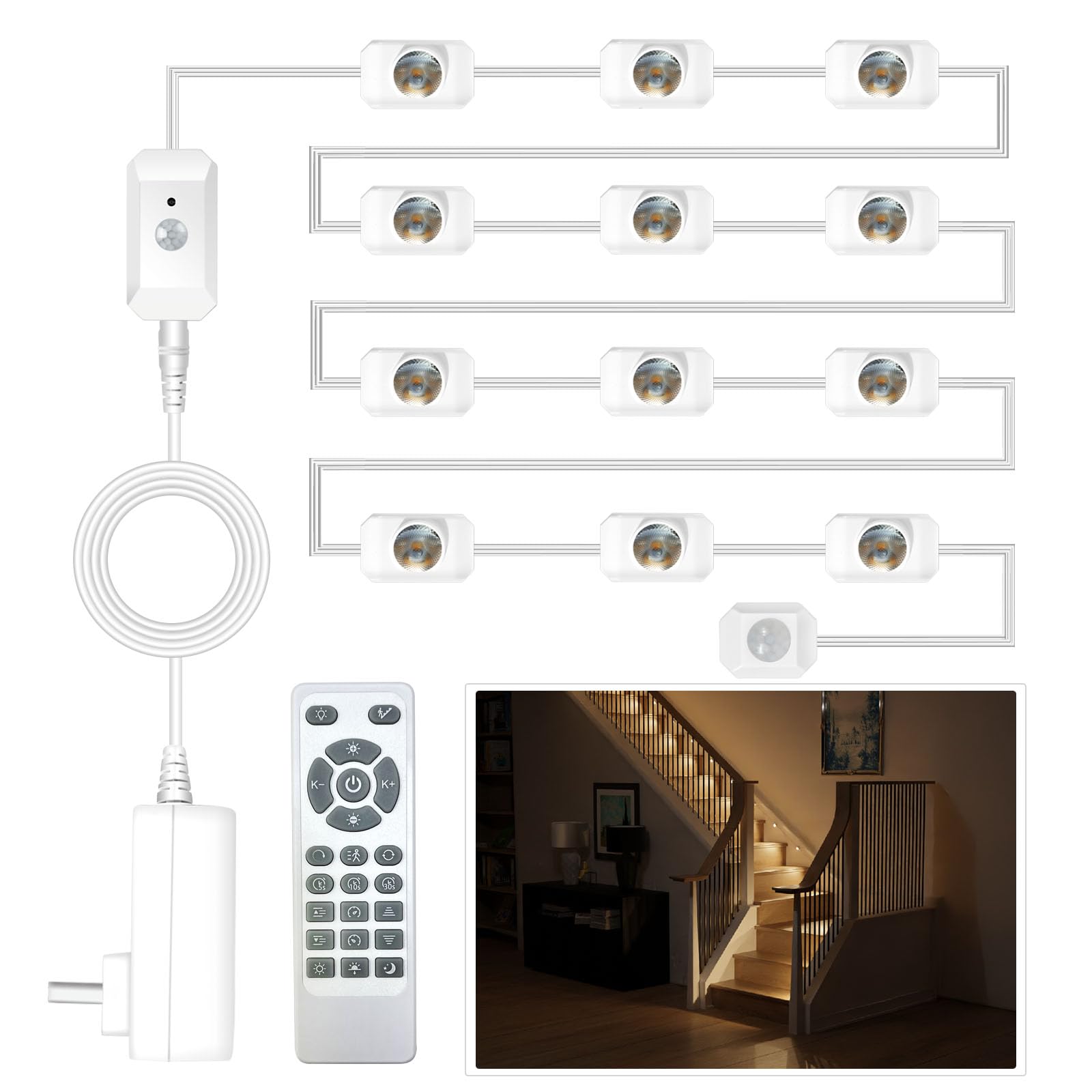 Smart Motion Sensor Stair Lights - Plug-in Indoor Stairway Lighting with Cascading Effect, Dimmable 3000K-6000K Warm to Cool White (16 Steps) - Perfect for Hallways, Bedrooms, and Safe Nighttime Navigation