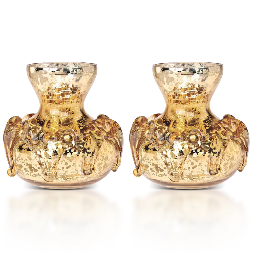 2 Pack Vintage Mercury Glass Vase - 4 Inch Gold Hedy Deco Design Flower Vase for Home Decor, Wedding Centerpieces & Party Decorations | Perfect for Dining Table, Mantel Decor, and Gift Giving
