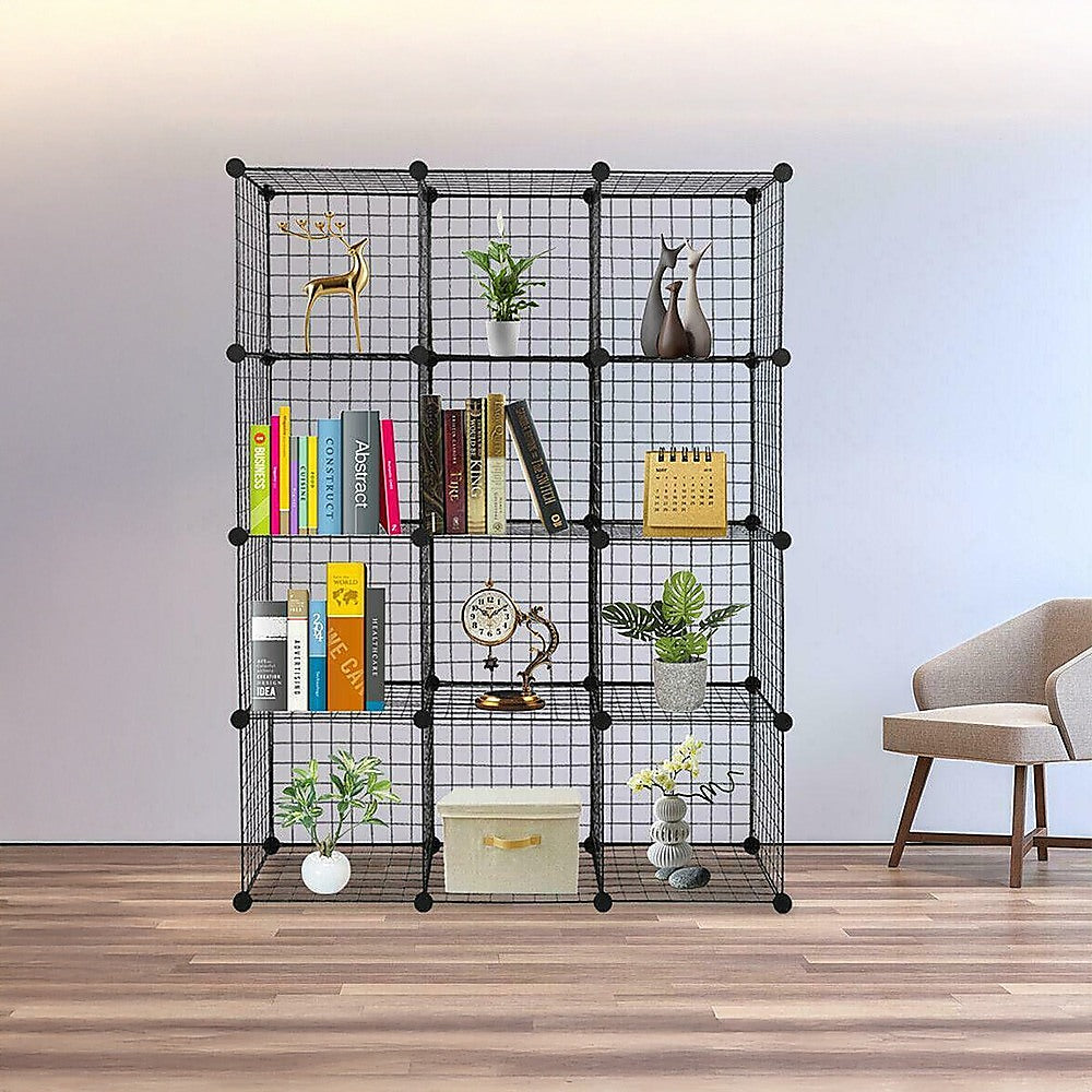 12-Cube Wire Grid Organizer Bookcase - Black Storage Cabinet for Closet, Wardrobe, Office & Living Room Organization