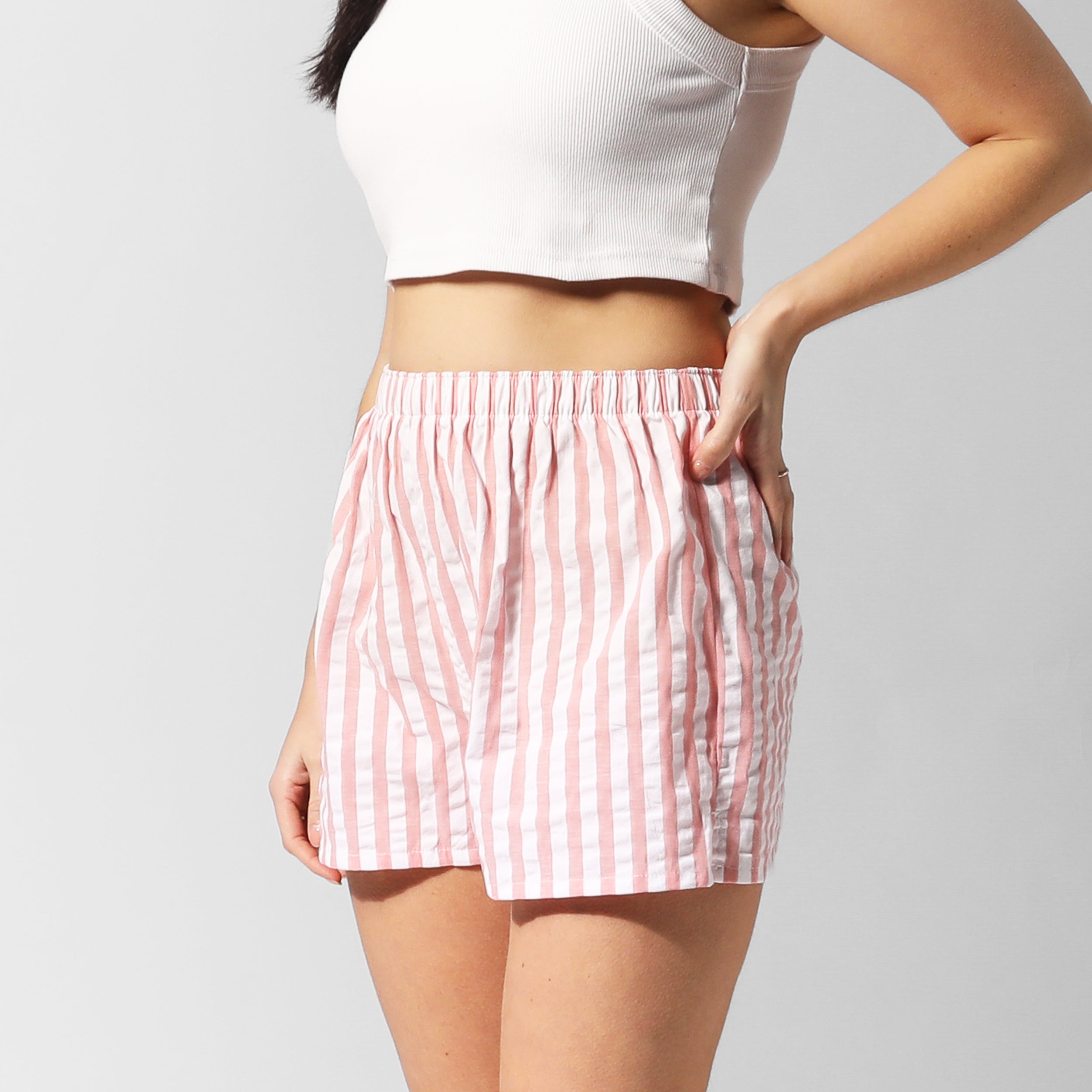 Women's Seersucker Stripe Cotton Boxer Shorts - Breathable & Comfortable Summer Underwear in Red | Perfect for Lounge, Sleep & Casual Wear