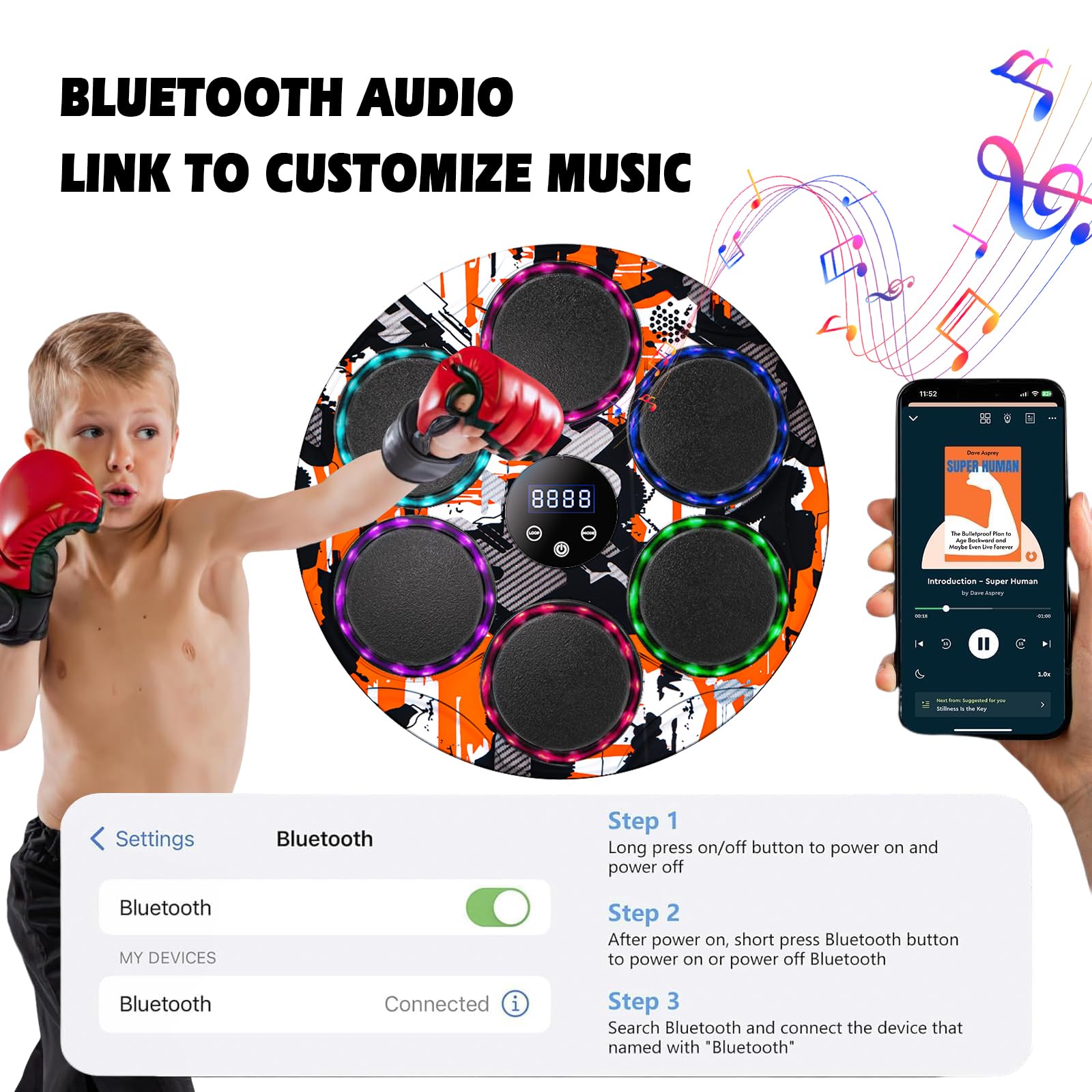 Smart Bluetooth Music Boxing Machine - Wall Mounted Punching Bag for Adults & Kids with Gloves | Indoor Home Gym Equipment for Fitness & Stress Relief