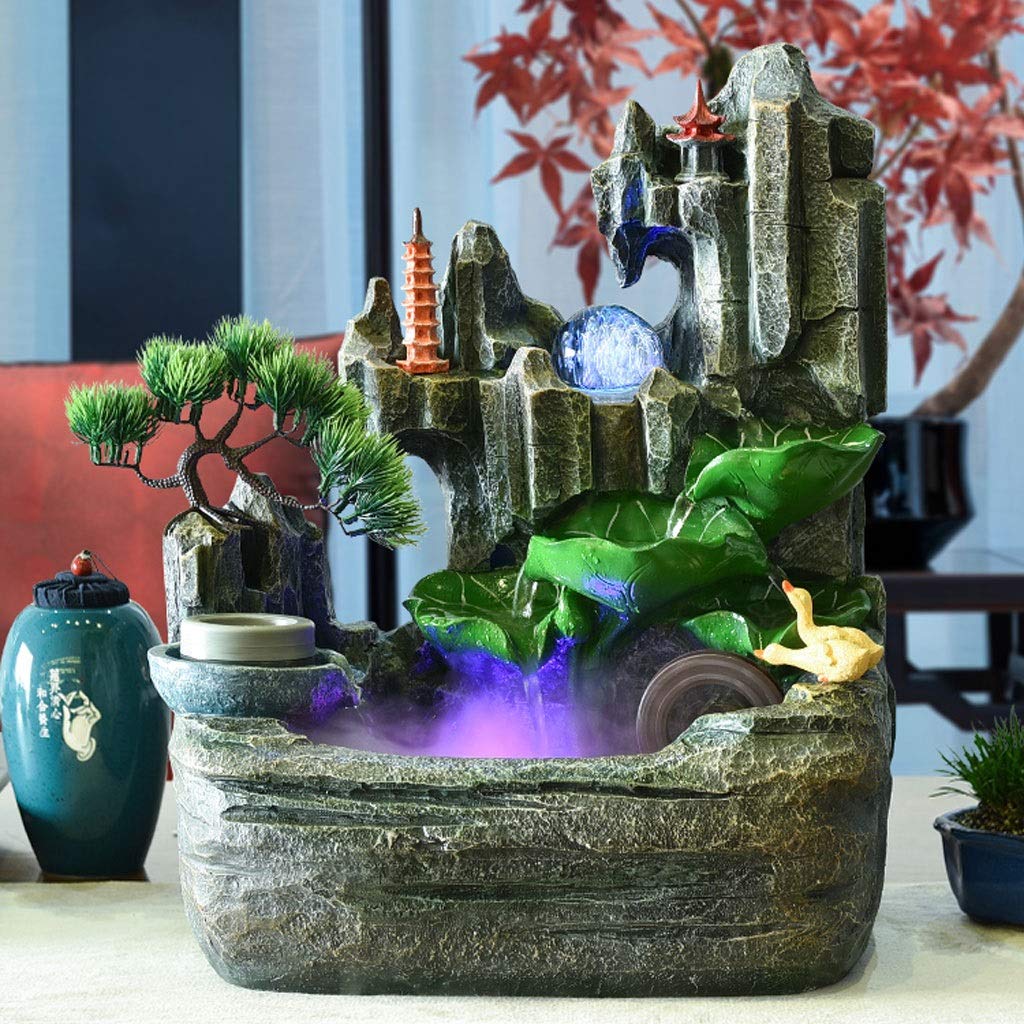 Resin Desktop Fountain with Rockery Waterfall, Fish Tank, Wind Water Wheel & Spinning Ball - Feng Shui Office Decor, Home Tabletop Water Feature for Relaxation & Stress Relief (Size S)