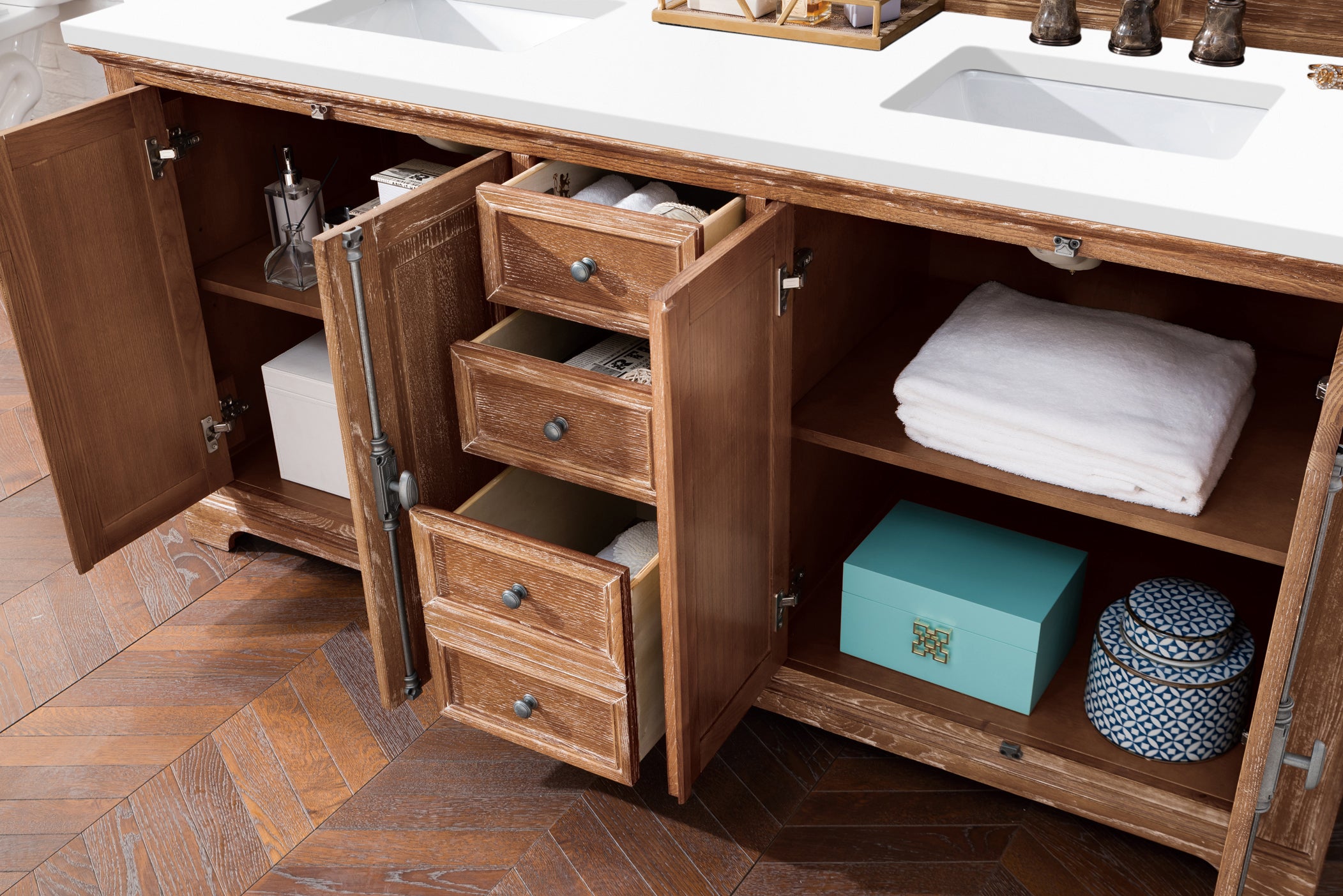 Providence 72-Inch Double Vanity Bathroom Cabinet in Driftwood Finish with 3CM White Zeus Quartz Countertop - Perfect for Master Bathroom Renovation and Luxury Home Upgrade