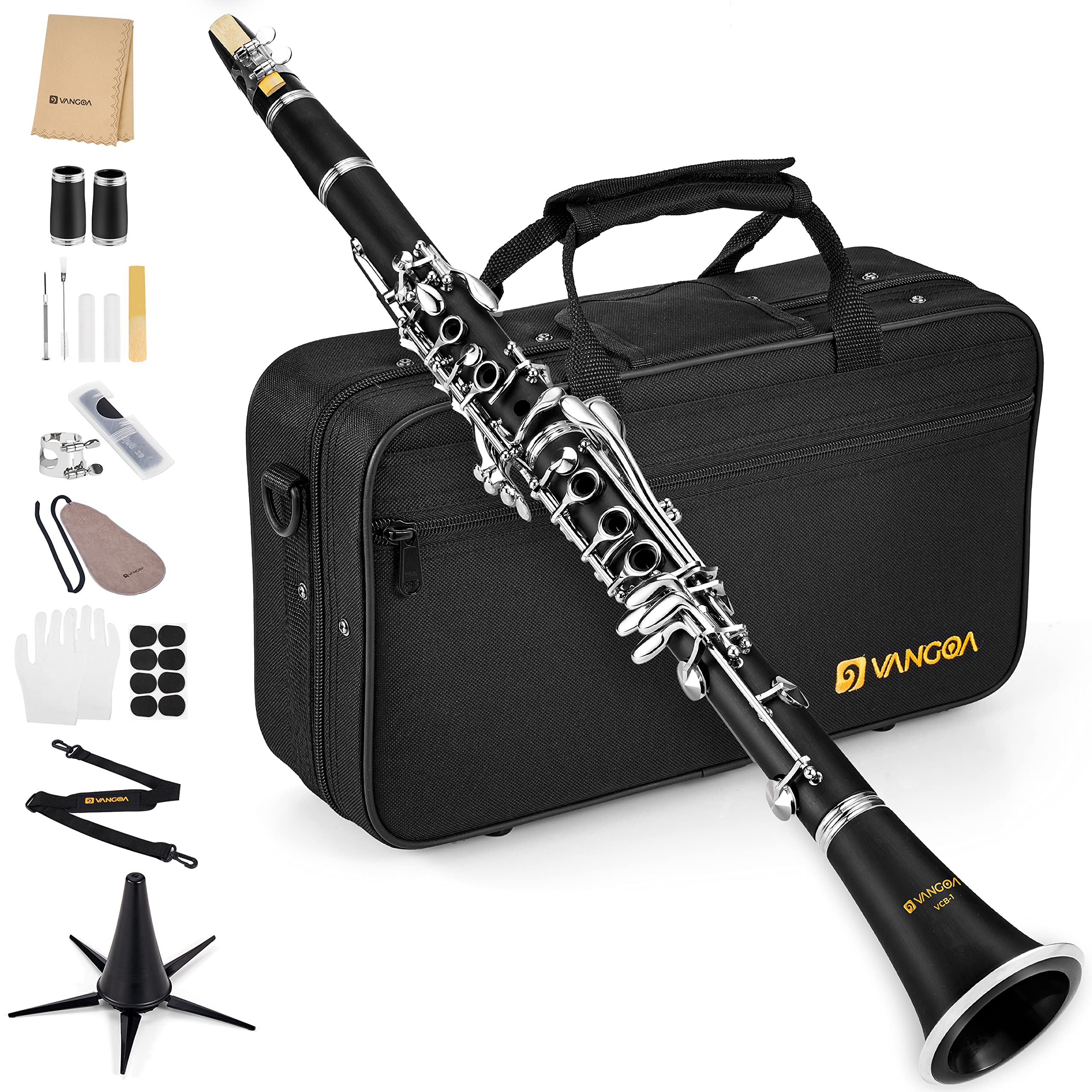 Vangoa Bb Clarinet - Professional B Flat Beginner Student Clarinet for School Band & Orchestra | Nickel-Plated with Hard Case, Stand, Cleaning Kit, Barrels, Gloves, Strap, Pads & Reeds | Perfect for Kids, Teens & Adult Music Learners | Ideal for School Performances, Practice & Music Lessons