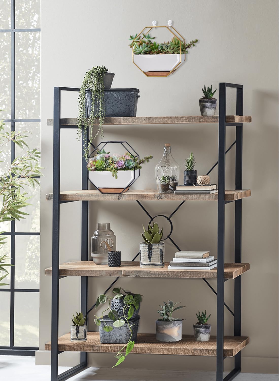 7×3.5 Inch Decorative Ceramic Succulent Planter with Metal Hanger - Dual Purpose Hanging & Tabletop Flower Pot with Drainage Hole & Saucer for Indoor Plants, Home Office, Garden Decor (Ideal for Succulents, Herbs & Small Flowers)