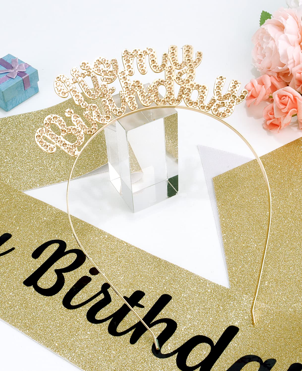 Birthday Crown for Girls & Women - Cute Birthday Tiara, Sash & Headband Set - Champagne Birthday Party Decorations & Gifts - Perfect for Birthday Celebrations, Princess Parties & Special Occasions