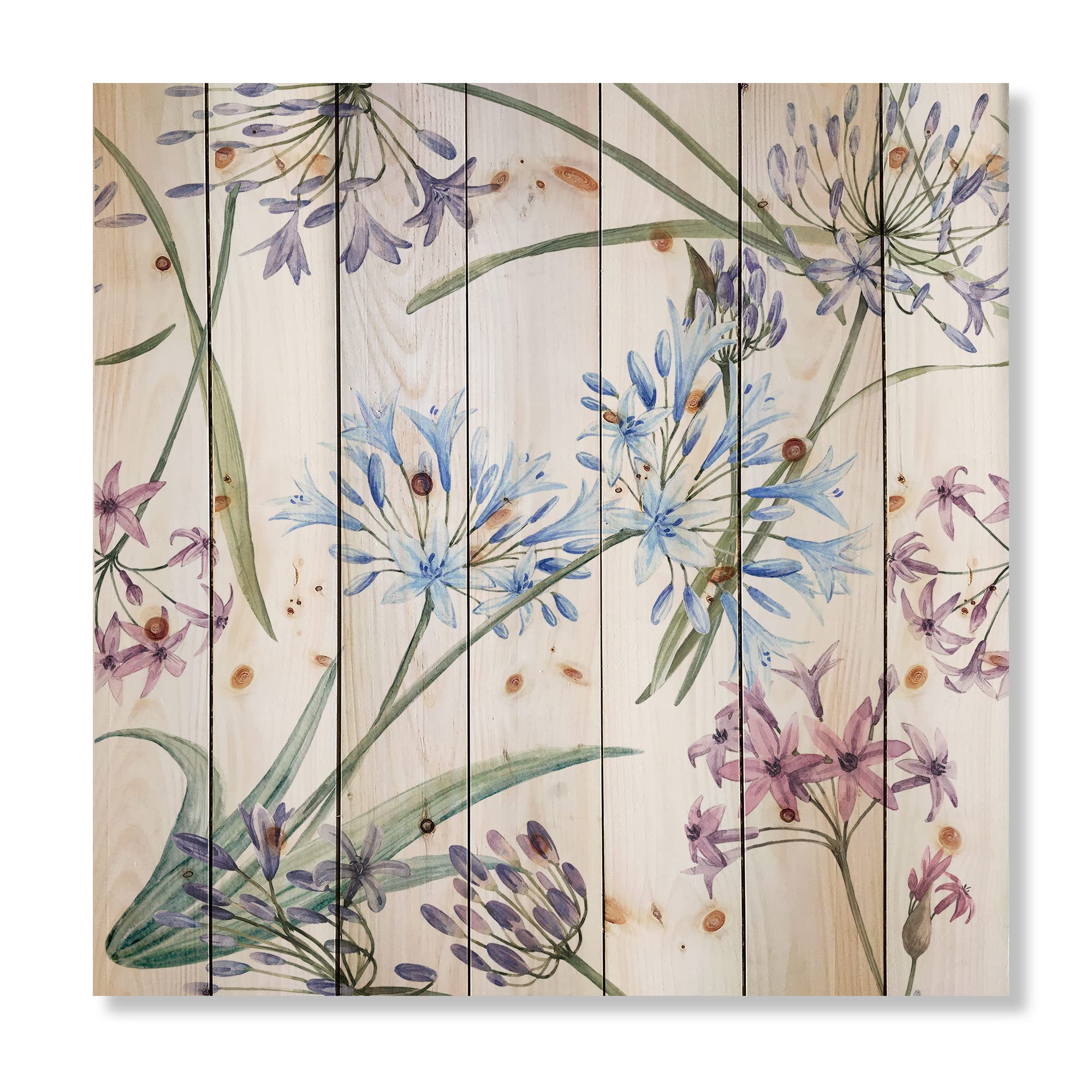 DesignQ Vibrant Summer Wildflowers Traditional Wood Wall Art - Handcrafted Blue Floral Pine Wood Panel Decor for Living Room, Bedroom & Office