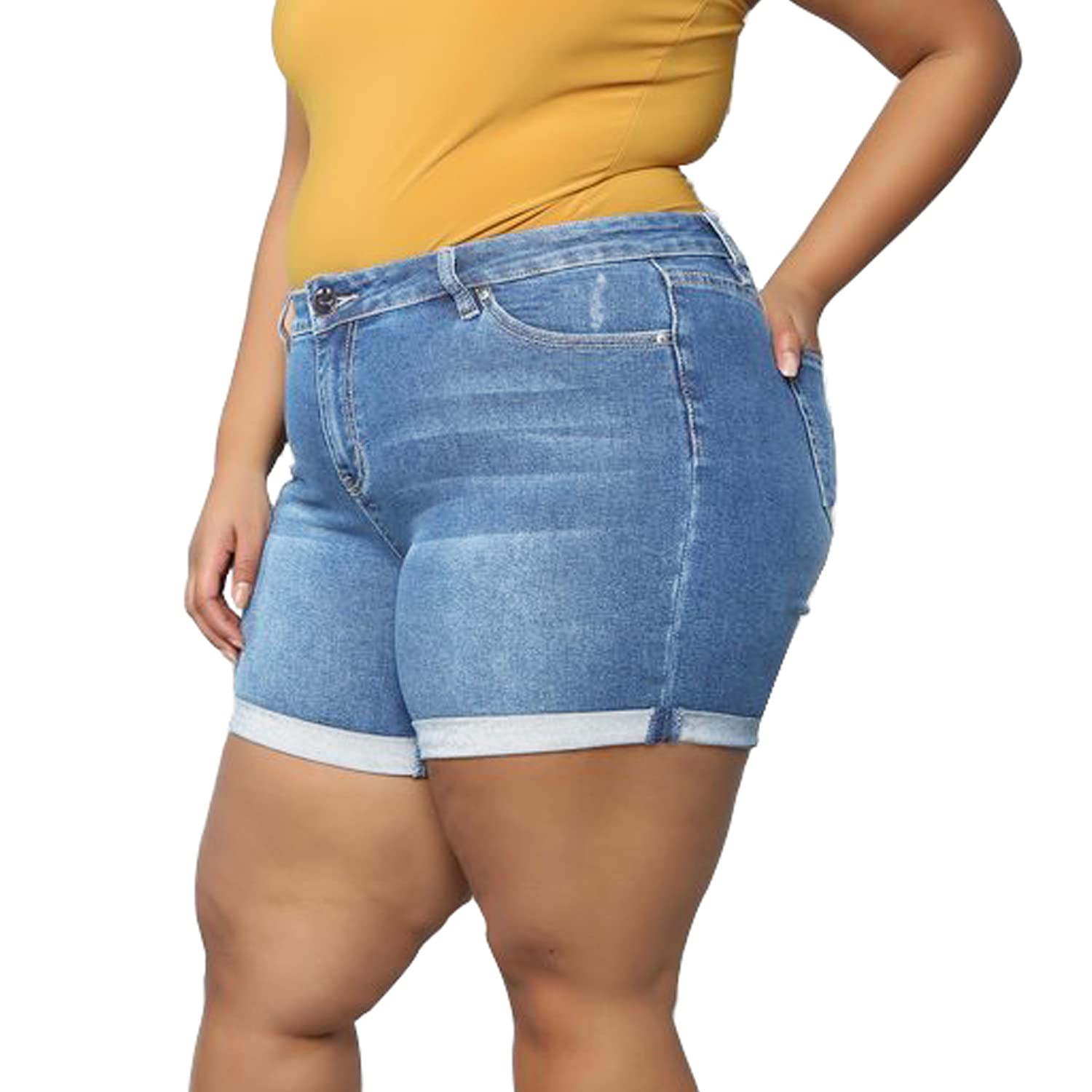 Plus Size Women's Ripped Denim Shorts - High Waisted Stretchy Jean Shorts with Folded Hem | Perfect for Summer Outfits, Casual Wear & Beach Vacations