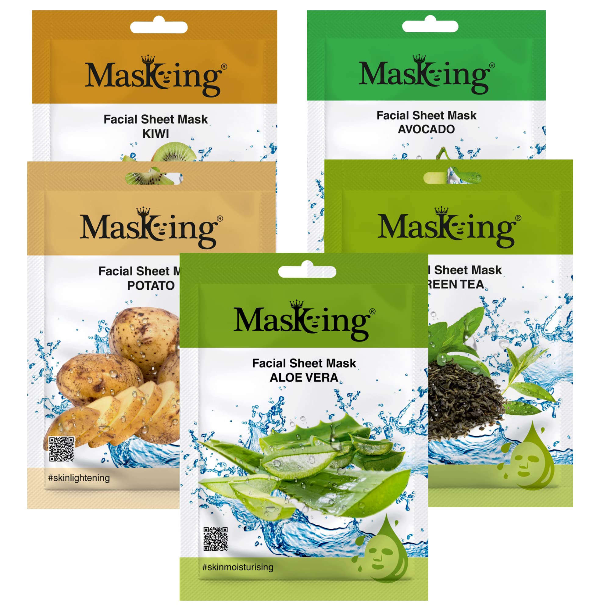 MasKing Beauty Facial Sheet Mask Set - Kiwi, Avocado, Potato, Green Tea & Aloe Vera Extract for Skin Brightening, Hydration & Glow - 100ml (5-Pack) for Women & Men | Perfect for Daily Skincare, Spa Day & Travel Essentials