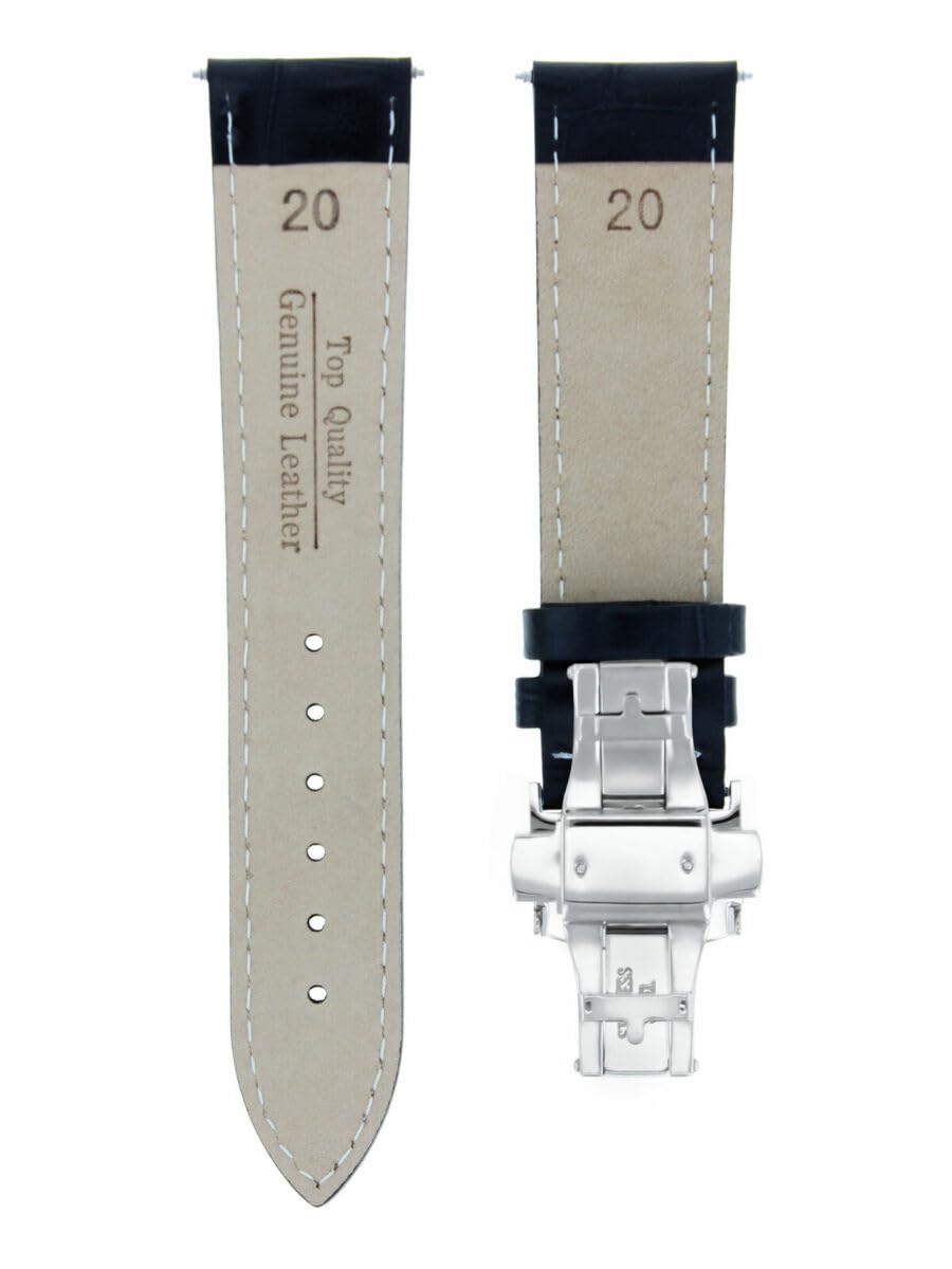 20mm Genuine Leather Watch Band Strap with Deployment Clasp - Compatible with Eterna Watches - Black Replacement Watch Strap for Men & Women - Perfect for Business, Casual & Formal Occasions