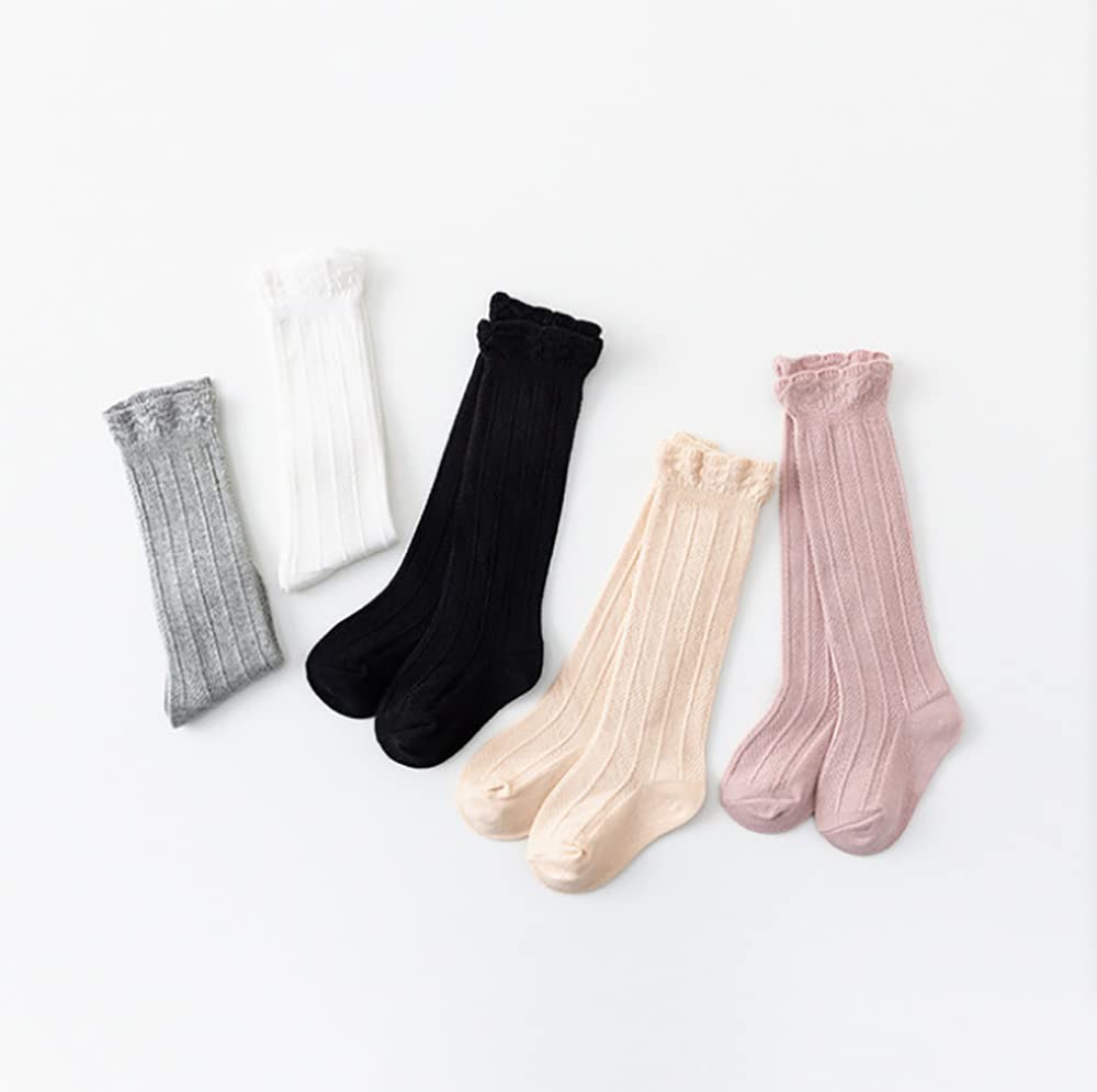 Jiuhong Baby Girl & Boy Lace Stockings - Soft Cotton Knit Knee-High Socks (5 Pairs) - Perfect for Newborn Photoshoots, Special Occasions & Everyday Wear