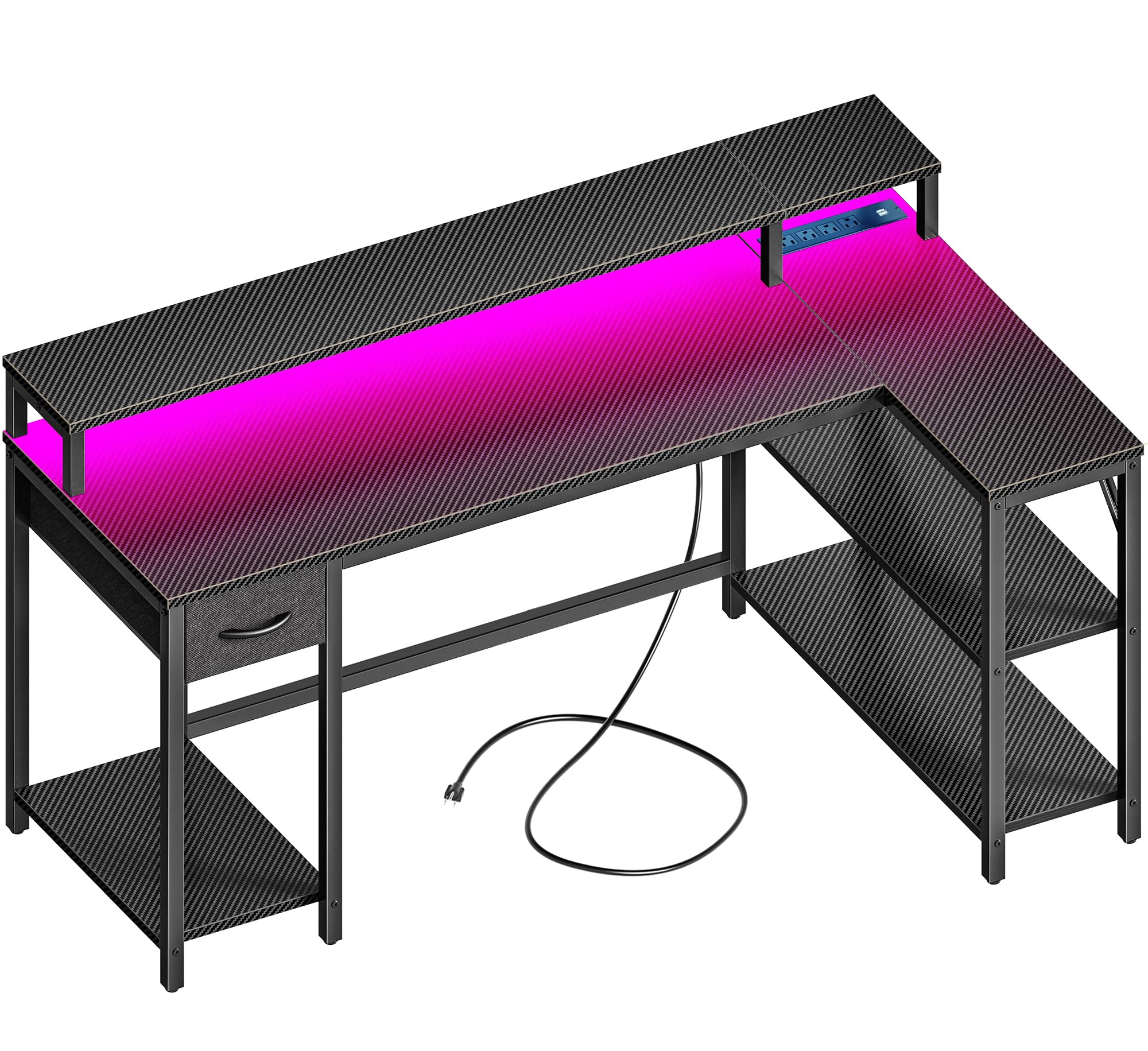 SUPERJARE 53 inch Reversible L-Shaped Desk with LED Lights & Power Outlets - Home Office Computer Desk with Shelves, Monitor Stand & Drawer - Gaming Desk for Small Spaces - Carbon Fiber Black Corner Workstation for PC Setup & Remote Work