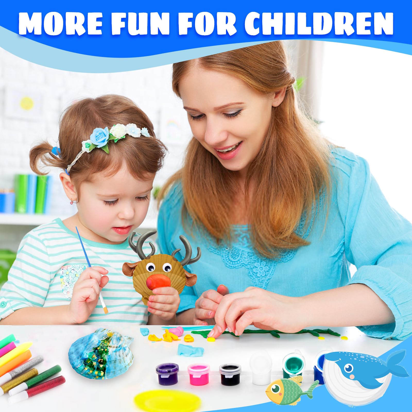 Kebuye Sea Shell Painting Kit for Kids - 12 Shells, 8 Paints & 6 Clay DIY Art Craft Set - Creative Gift for Boys & Girls Ages 4-12 - Perfect for Birthday, Summer Camp & Family Bonding Activities