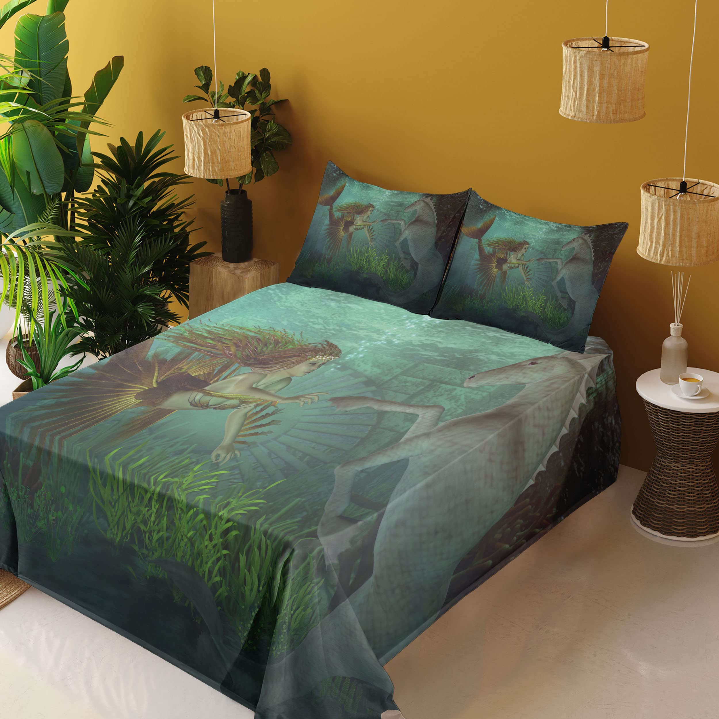 Ambesonne Mermaid Bedding Set 4-Piece - King Size Fitted & Flat Sheets with Pillowcases, Underwater Fantasy Design with Mermaids & Seahorses in Amber Green Aqua - Perfect for Kids' Rooms, Beach Themed Decor, or Fantasy Lovers' Bedrooms