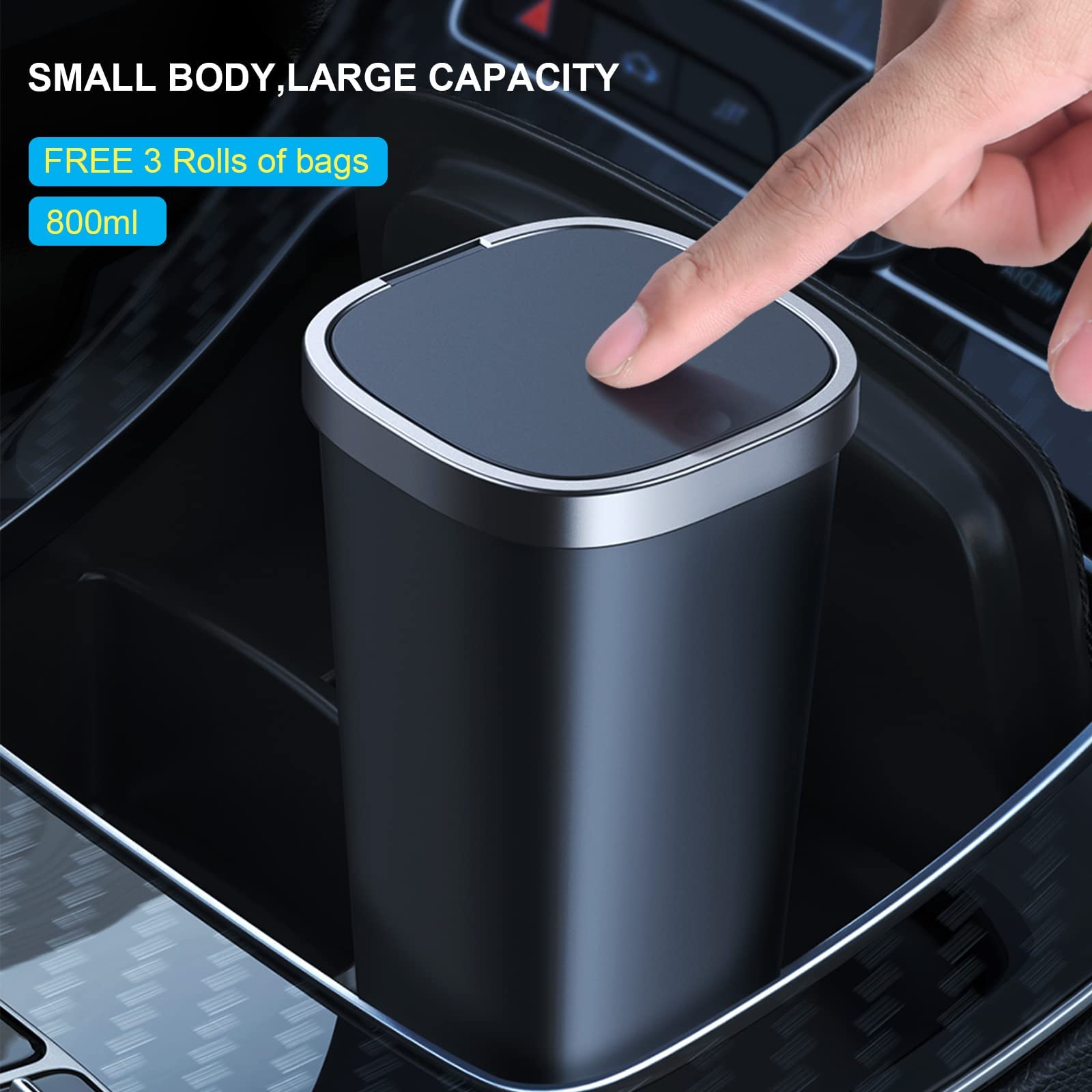 Mini Car Trash Can with Lid - Waterproof Small Garbage Bin for Car, Home, Office & Travel - Includes 3 Rolls Mini Trash Bags - Fits Cup Holders - Perfect for Snacks, Tissues & Small Waste (Square Black)