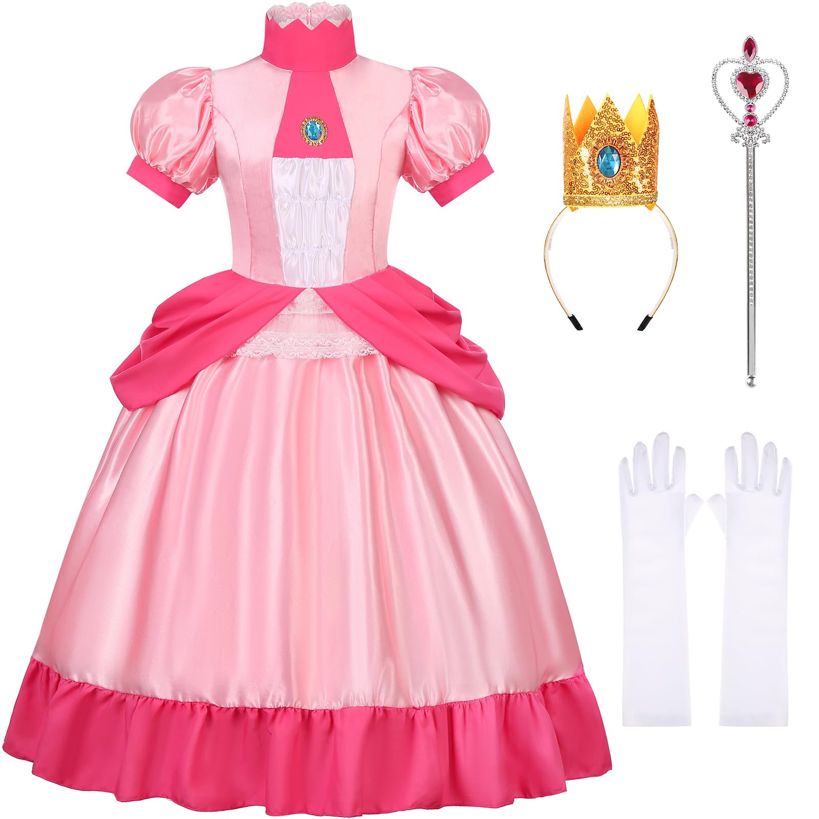 Princess Peach Costume for Girls with Crown & Accessories | Halloween Dress Up, Cosplay & Birthday Party Outfit