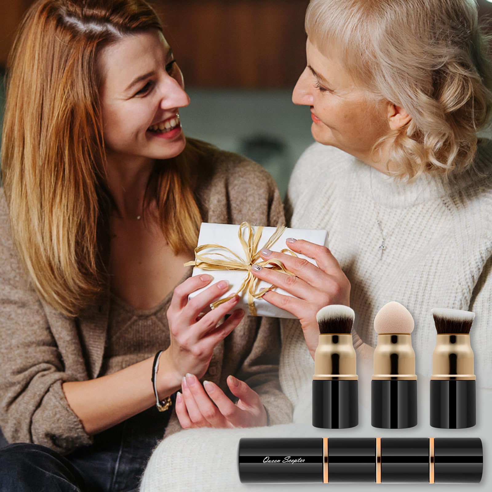 3-in-1 Professional Makeup Brush Set - Kabuki Foundation Brush, Blush Brush & Powder Sponge for Liquid, Cream & Powder Cosmetics | Travel-Friendly with Protective Cap | Perfect for Everyday Makeup & On-the-Go Touch-Ups