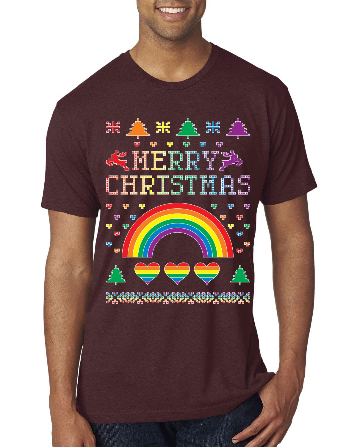 Premium Tri-Blend Ugly Christmas Sweater for Men - Rainbow Hearts Holiday Design | Festive Christmas Party & Gift Idea