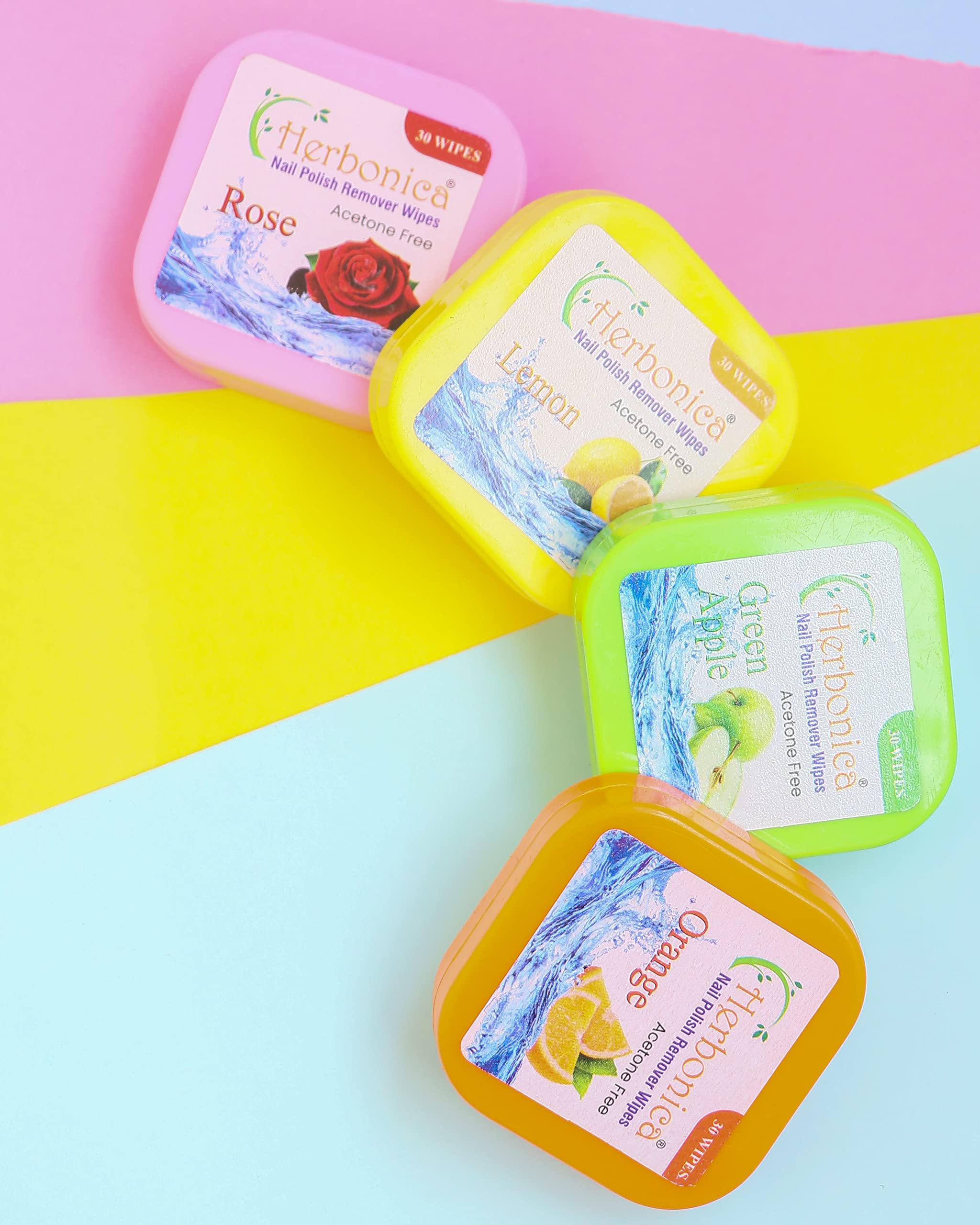 Herbonica Nail Polish Remover Wipes - 120 Pads (4 x 30 Count) with Rose, Orange, Lemon & Green Apple Scents | Gentle Acetone-Free Nail Cleaner for Manicures, Travel & On-The-Go Use