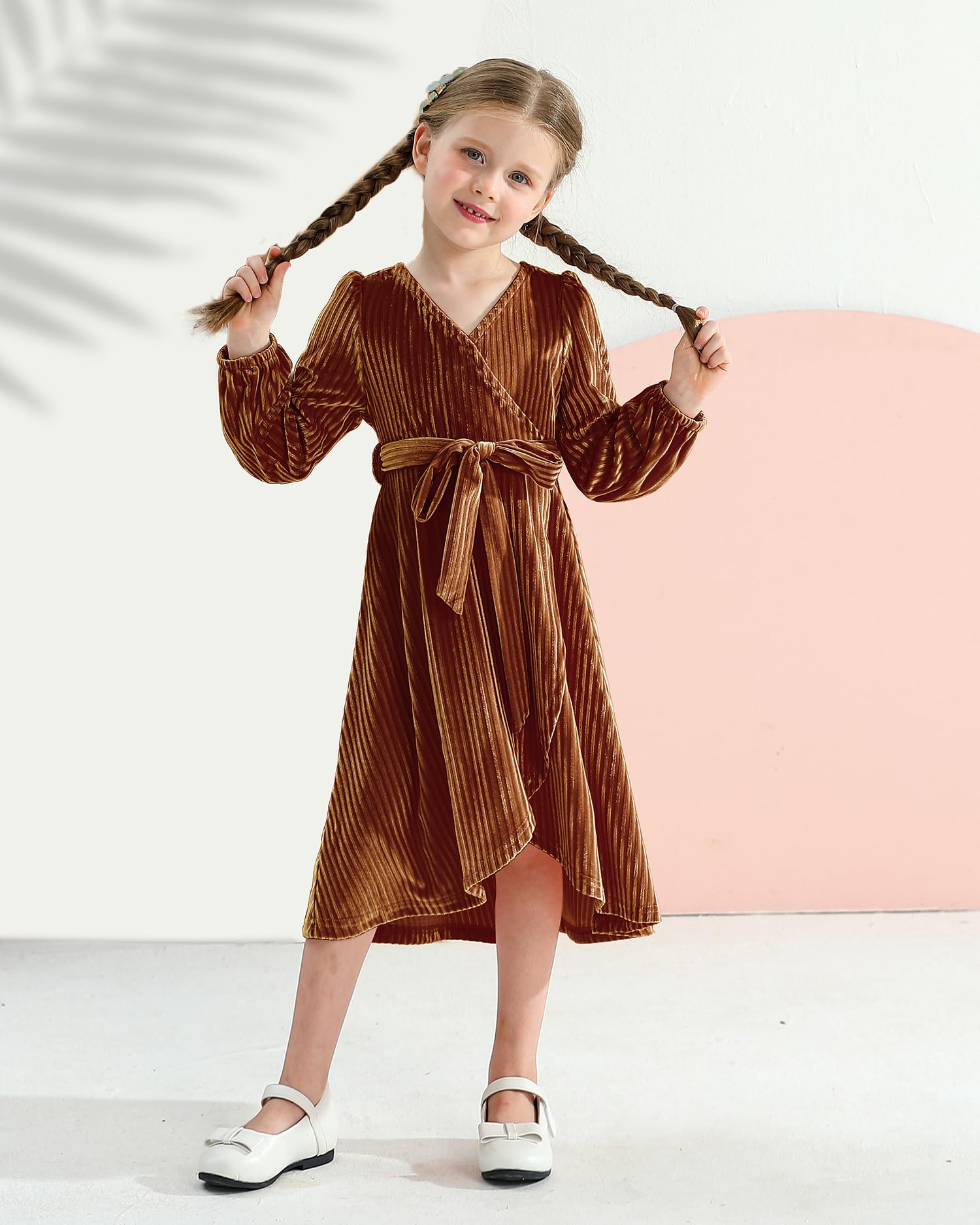 Elegant Velvet Flower Girl Dresses for Weddings | Long Sleeve Ruffle Bridesmaid Party Gowns | Formal Midi Dresses for Teens Girls (Size 4-13 Years) | Perfect for Wedding Ceremonies, Bridal Showers & Special Occasions