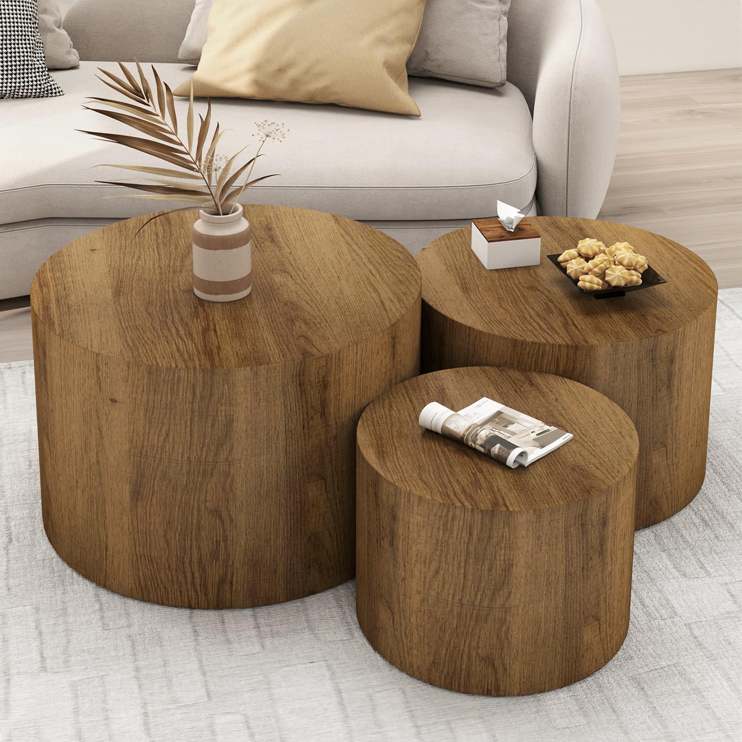 Vikiullf 3-Piece Round Wooden Nesting Coffee Table Set - Modern Space-Saving Design for Living Room, Bedroom & Office - No Assembly Required Accent Side Tables & End Tables - Perfect for Small Spaces, Apartments & Home Decor