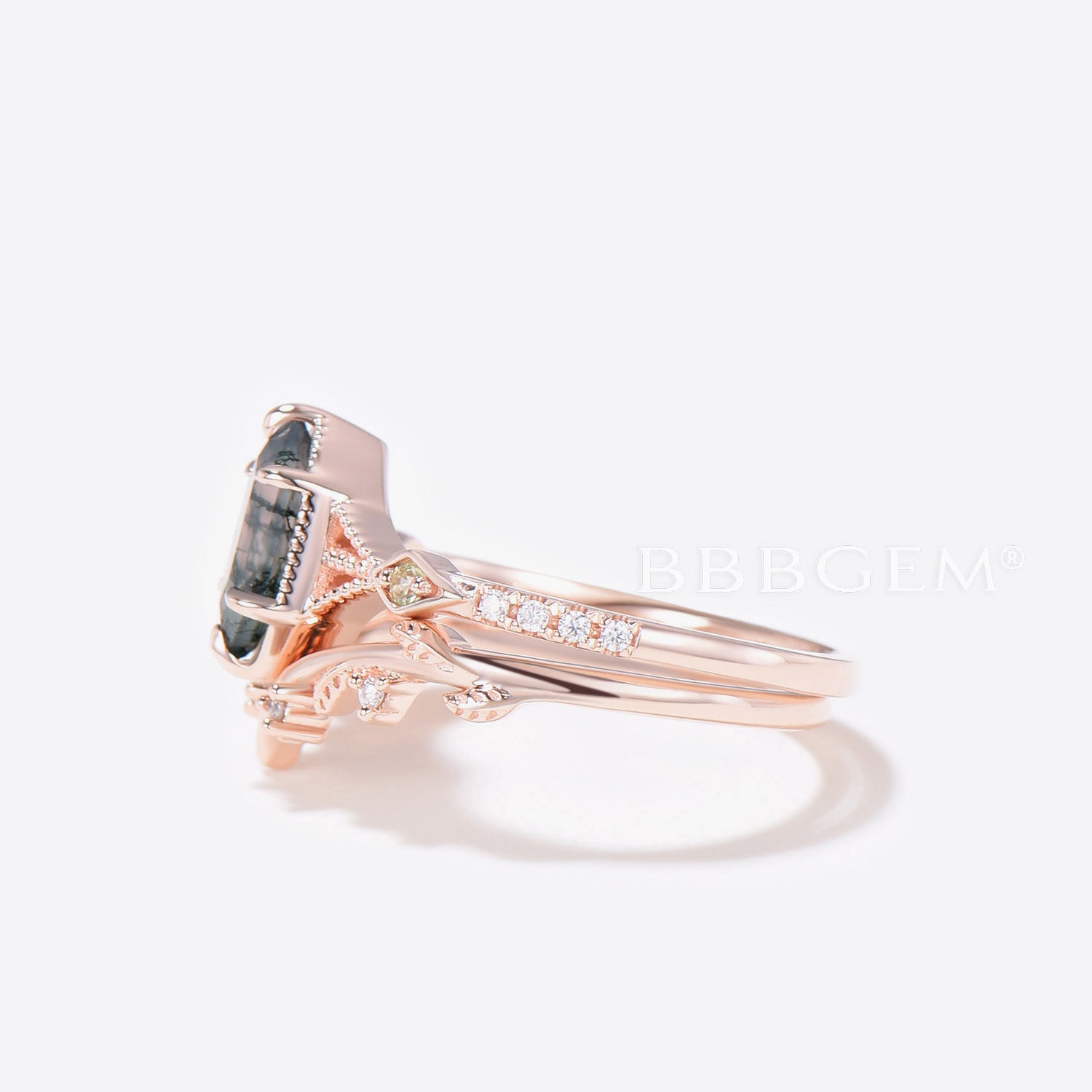 Long Hexagon Cut Moss Agate Ring Set - Rose Gold 3 Stone Engagement Ring for Women | Wedding, Anniversary & Promise Jewelry Gift