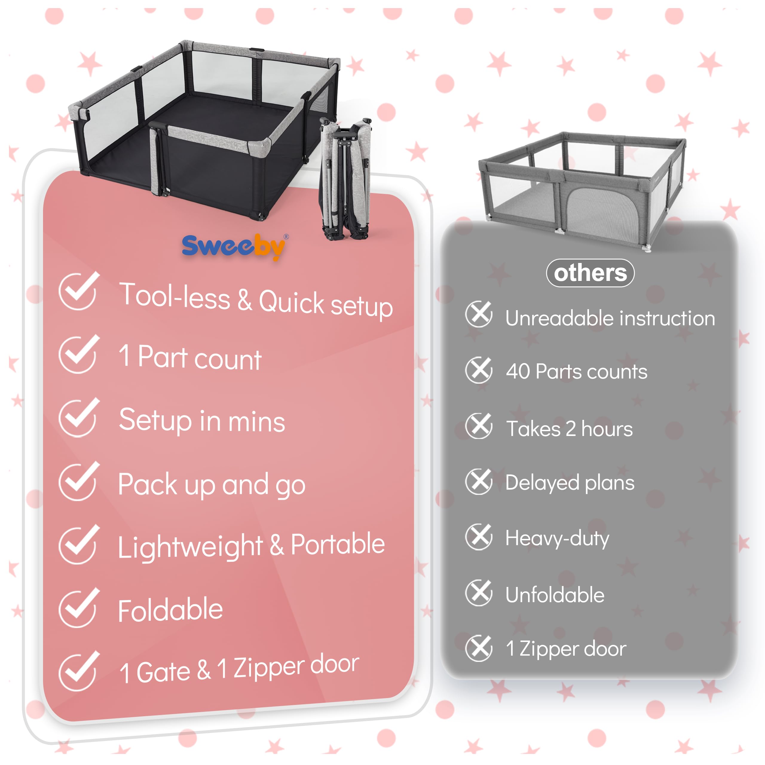 Sweeby Baby Playpen - 59x59 Inch Extra Large Play Yard with Door for Babies & Toddlers, Indoor & Outdoor Safety Fence for Playtime, Crawling & Learning - Black