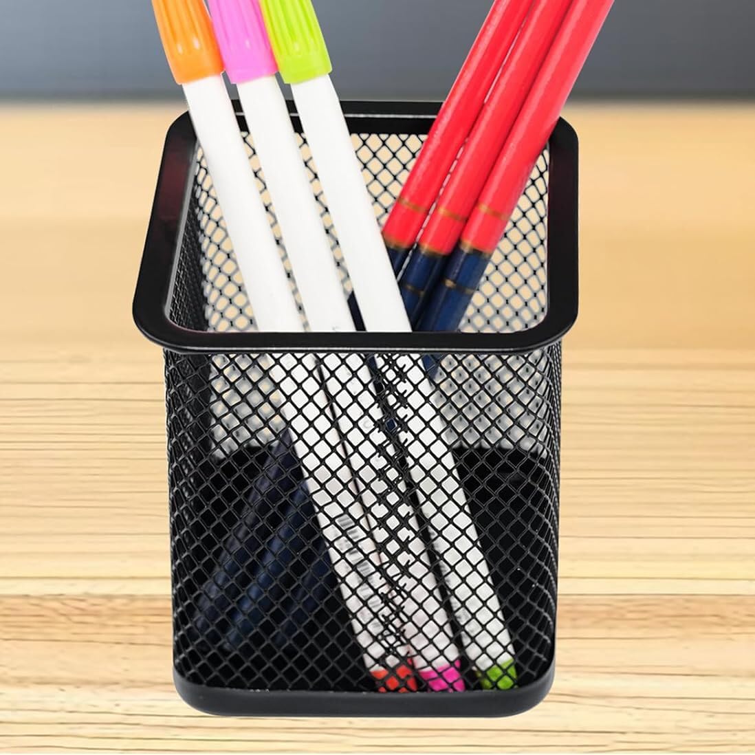 Metal Pen Holder Cup - 4 Pack Black Square Desk Organizer for Pens & Pencils | Office, Home, School & Workspace Stationery Storage Solution